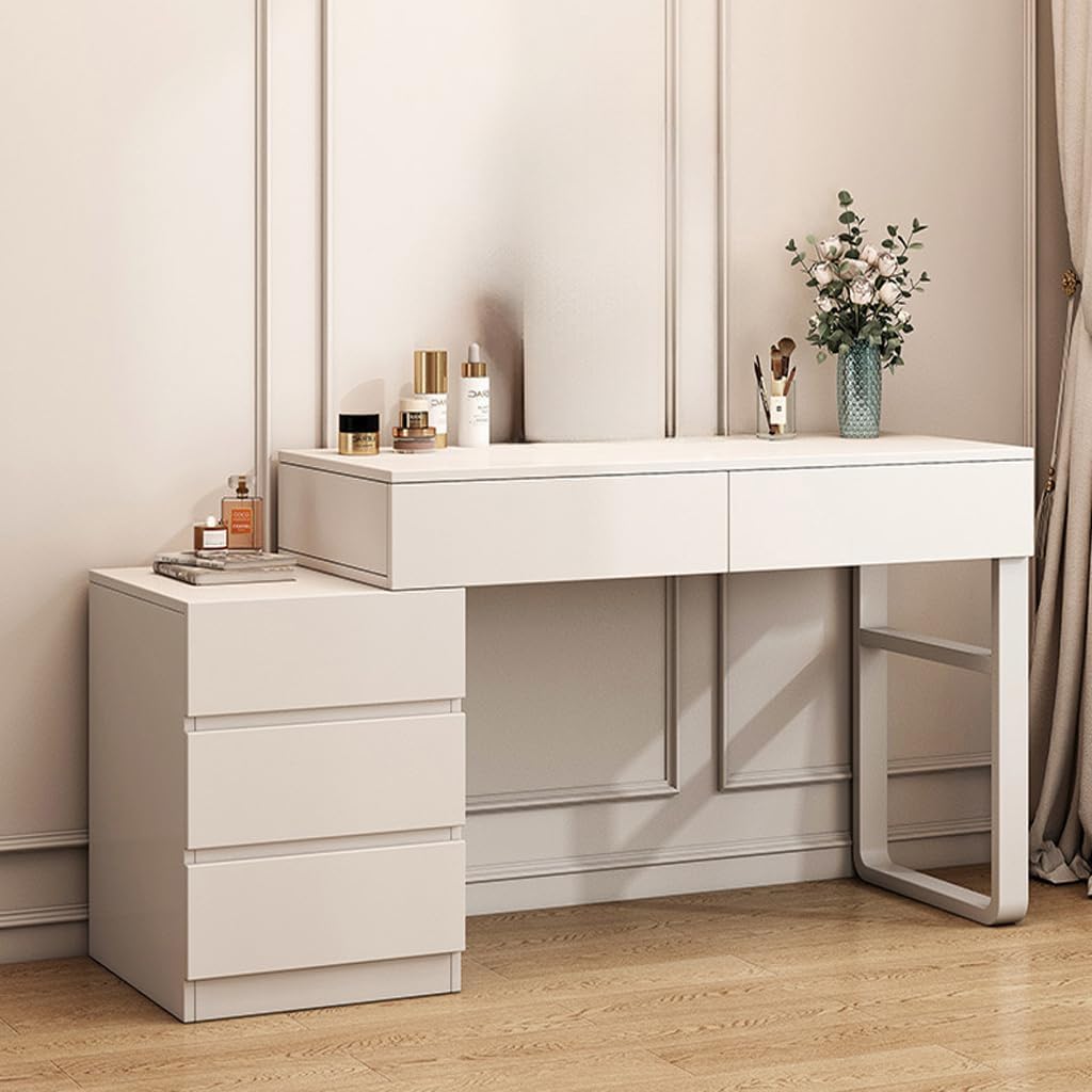 LEDIN Makeup Vanity Desk, Dressing Table with 5 Drawers, Dressing Table Set with Mirror, Storage Cabinets for Girls Dressing Table Bedroom Furniture(Off-White(100-130) x40x73)