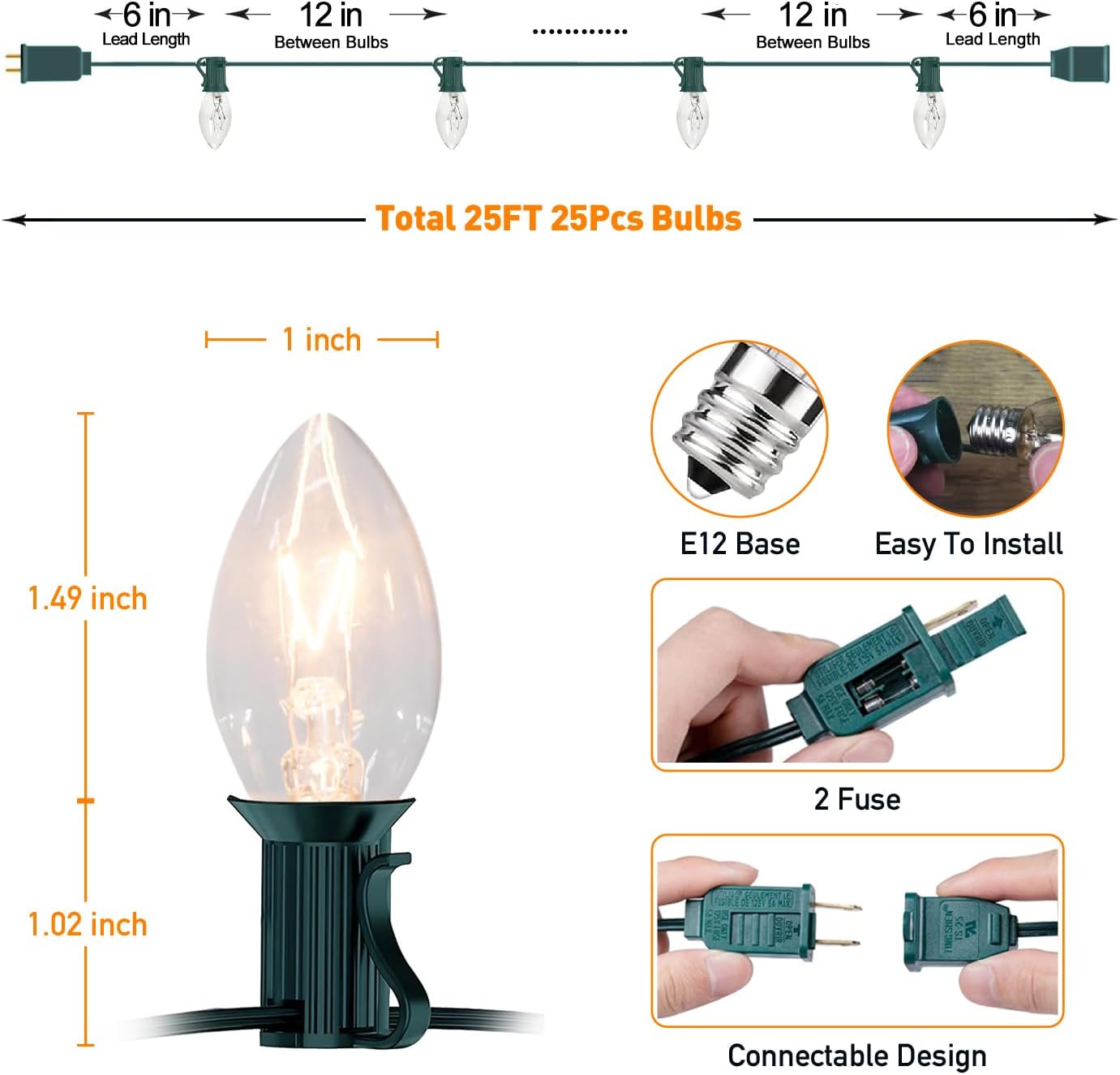C7 Outdoor Christmas Lights, 25FT Warm White Vintage String Lights with 27 Clear Bulbs for Patio, Garden, Eaves, Waterproof Connectable, Classic Incandescent Glow