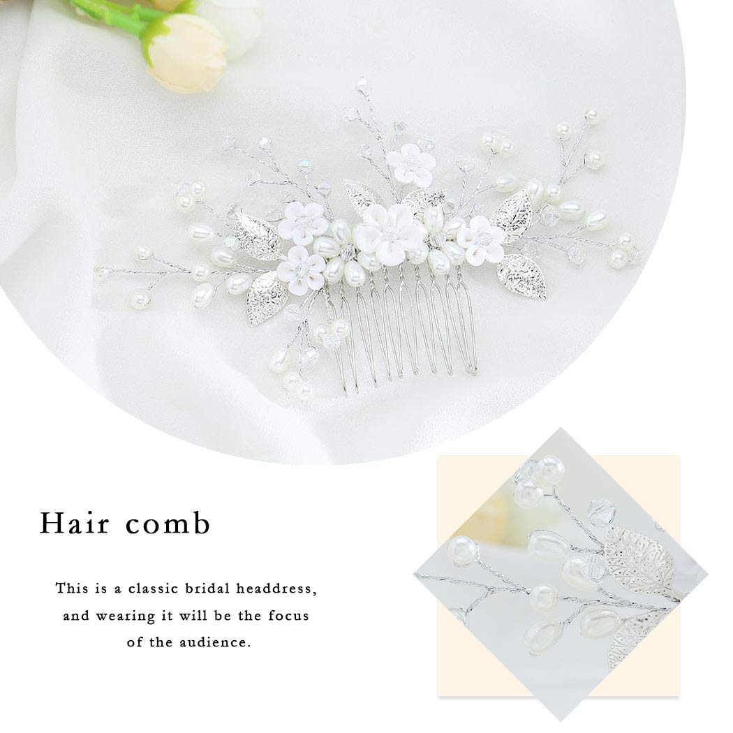 Pettine per capelli da sposa con fiori e perline, accessorio per capelli per donne e ragazze (argento)