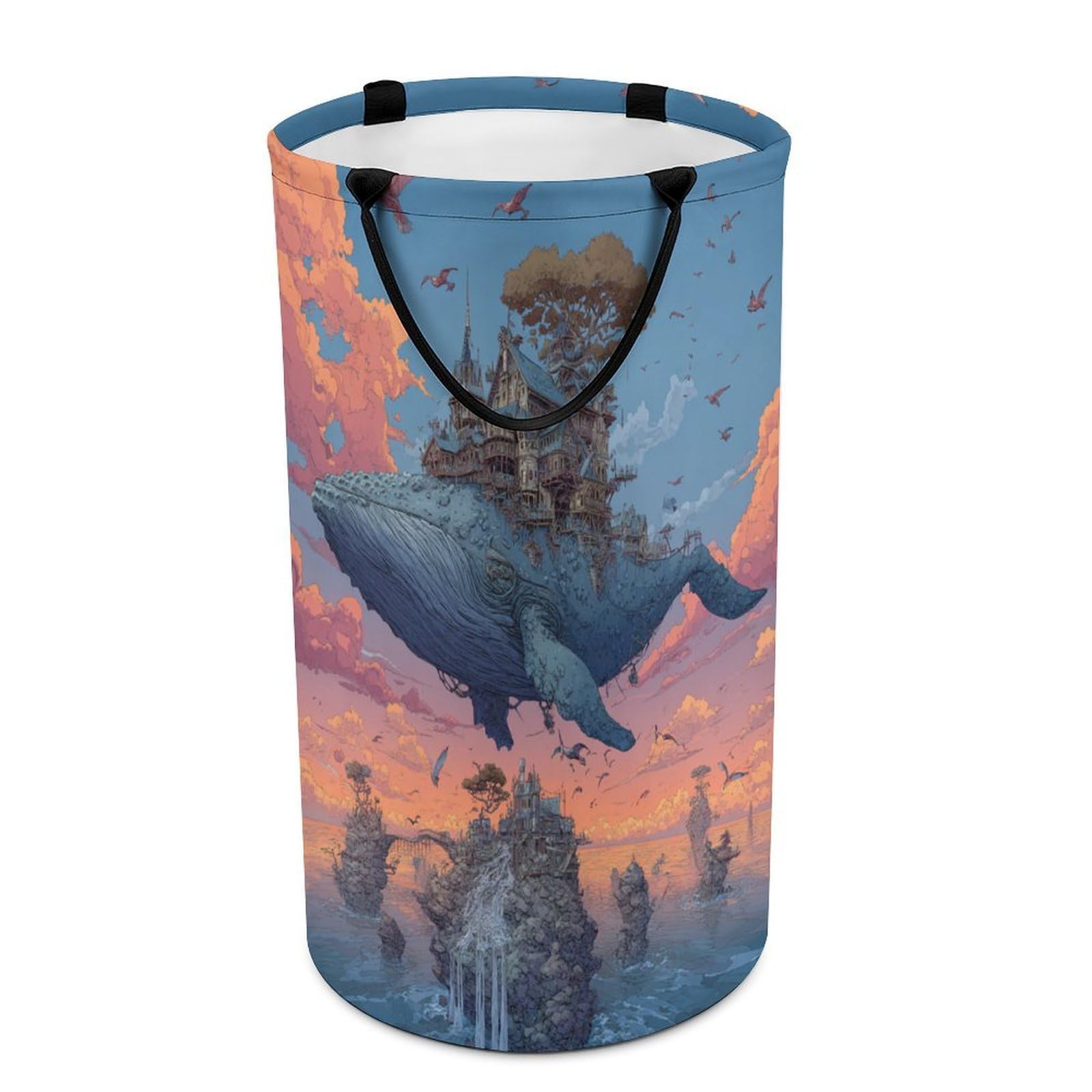 LUYYSKY Classic Realistic Animal Whale Collapsible Dirty Clothes Basket, Retro Oil Painting Nautical Fairy City Sea Life Whale Bird Portable Clothes Storage Laundry Basket-40 CM Dia, 69 CM High