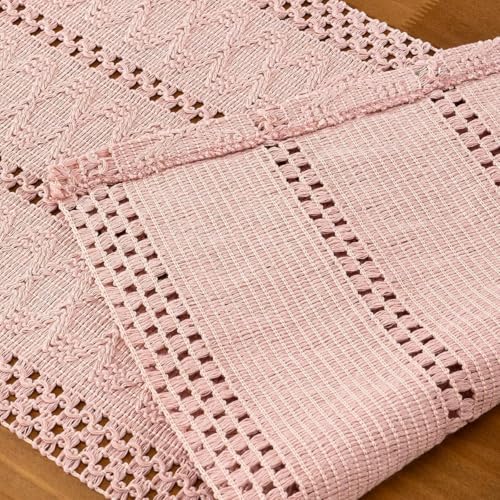 Image of MLMC Pink Boho Table Runner Farmhouse Macrame Woven Table Runner 90 inch Long Rustic Cotton Linen Blend Table Decor for Dinning Kitchen Wedding Bridal Shower Eveyrday Use 12x90 Inch