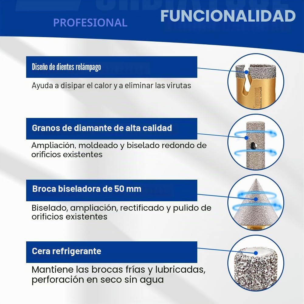 SHDIATOOL Broca de Diamante 12pcs (6/6/8/20/25/35/50/68/110+20mm Finger Milling Bit+50mm Broca biseladora+Hex) Kit de sierra de corona Brocas para azulejos para Porcelana Cerámica Mármol Rosca M14