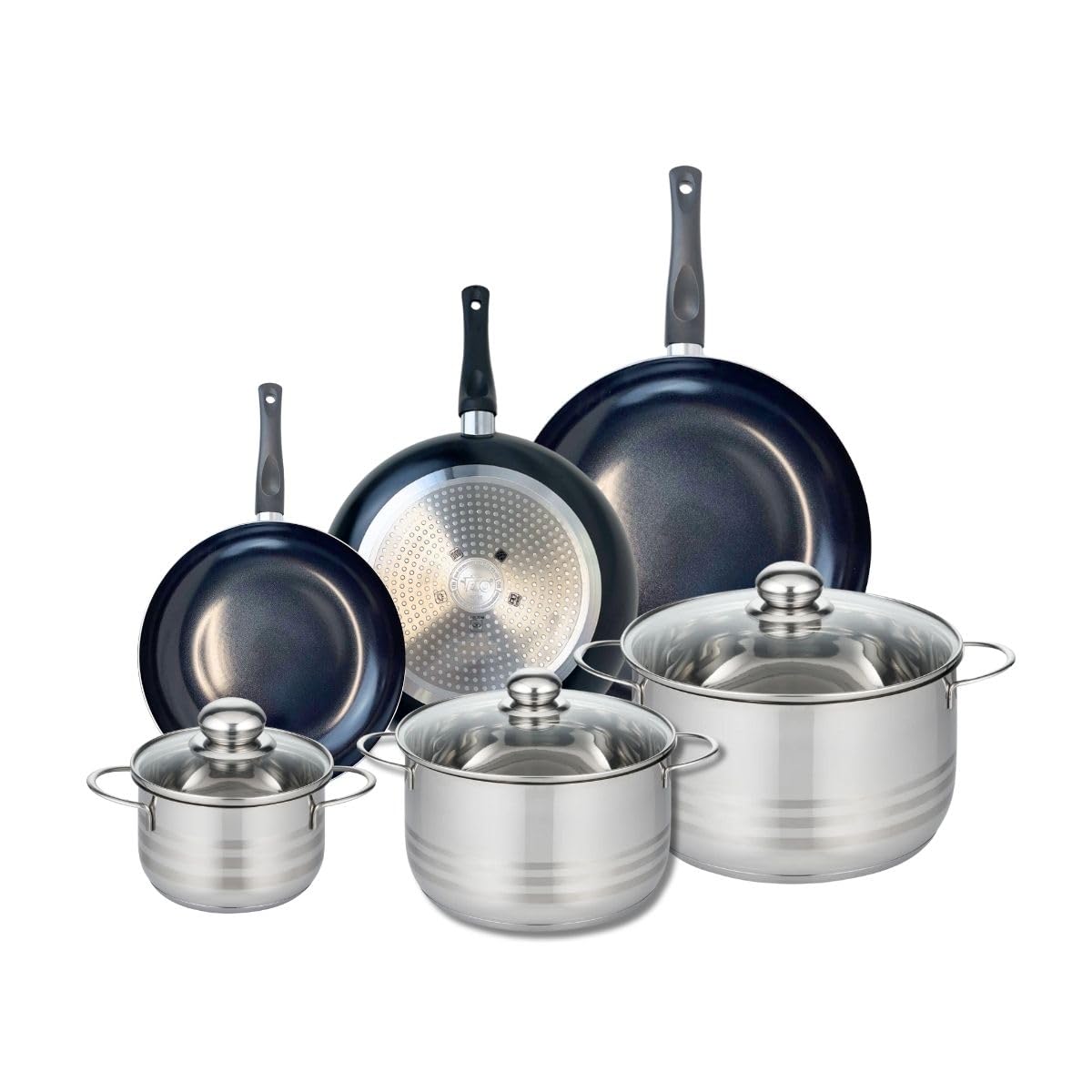 Elo Batterie cuisine 3 poêles 20/24/28 cm et 3 faitouts 14/20/24 cm | Cuisson homogène, 6 pièces pour équiper la cuisine, 3 poêles 20 24 28 cm, 3 faitouts 14 20 24 cm, Compatible induction, Inox
