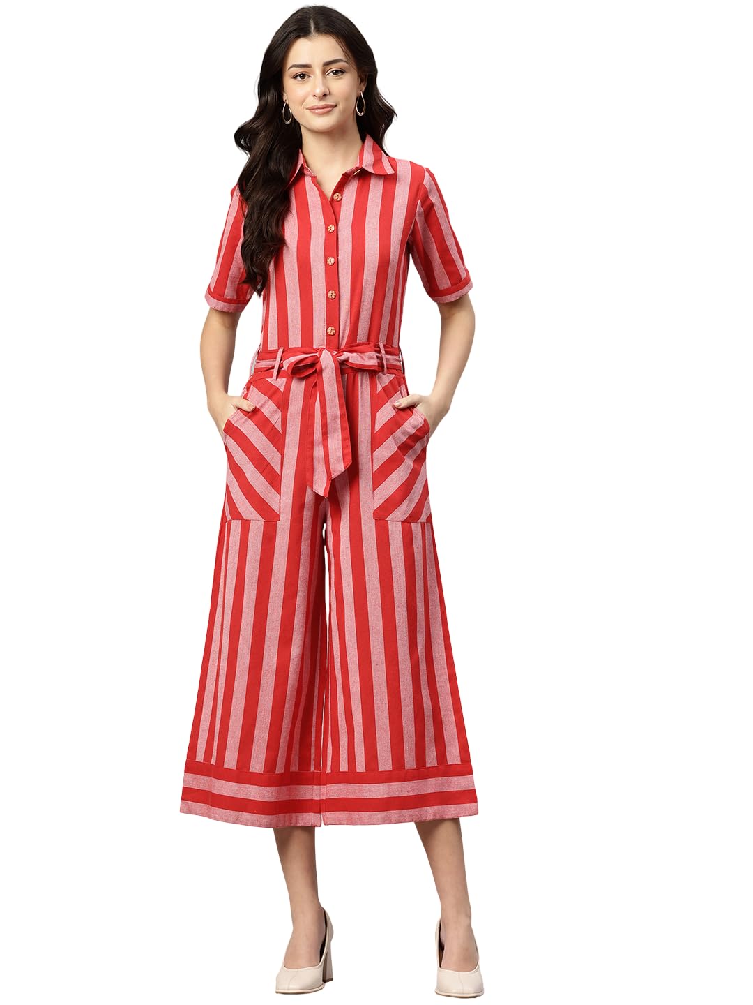 Red Striped Shirt Collar Cotton Jumpsuit-image-35
