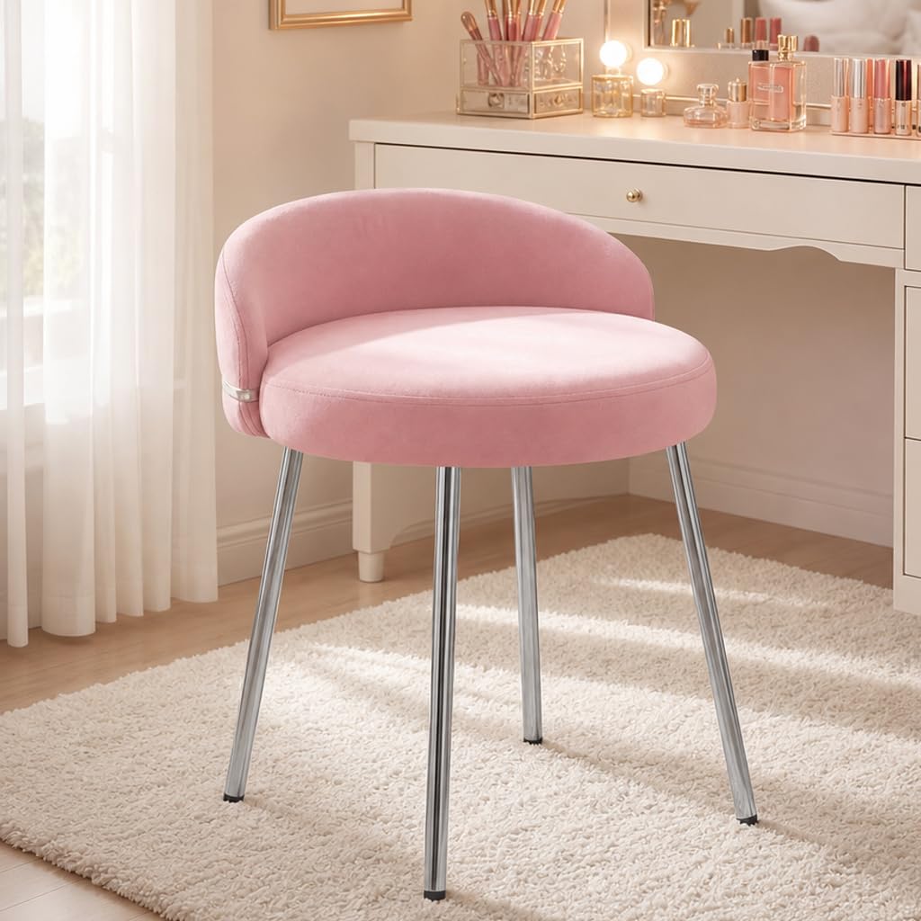 Hellove Cute Schminktisch Hocker, Kleiner Samt Schminkstuhl Armloser mit gewölbter Sitzfläche & Silber Metallbeinen, Sitzhocker Fußhocker Makeup-Hocker Stool für Schlafzimmer Wohnzimmer, Rosa