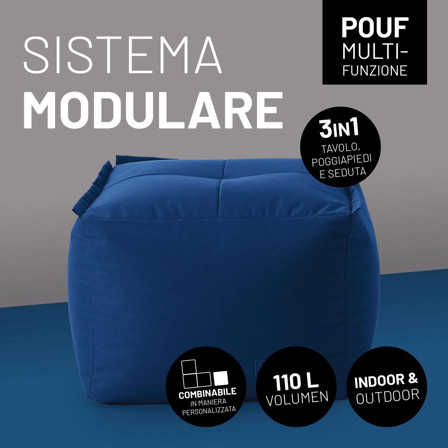 Lumaland Pouf modulare, pouf impermeabile, sgabello espandibile e leggero, per interni ed esterni, seduta lavabile per giardino e interni, 54 x 54 x 54 x 54 cm [blu scuro]