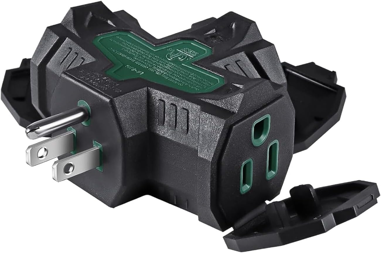 3 Outlet Indoor Outdoor Wall Adapter, ETL Listed 3-Prong Grounded Outlet Splitter, Weatherproof Heavy Duty Multi Outlet Power Plug Extender with Protective Cover, Black (Green, 1 Pack)