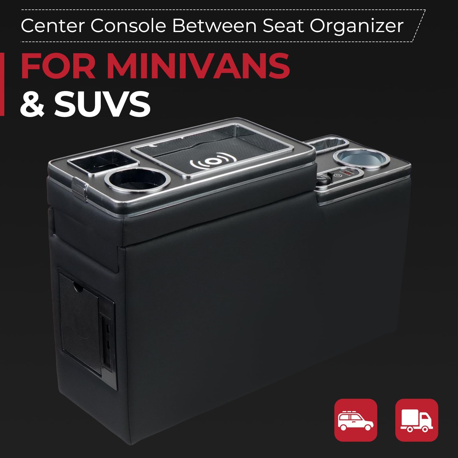 Organizer per console centrale tra i sedili per minivan e SUV, con tappetino di ricarica wireless, luce ambientale a LED blu, supporto per telefono e portabicchieri, console centrale da