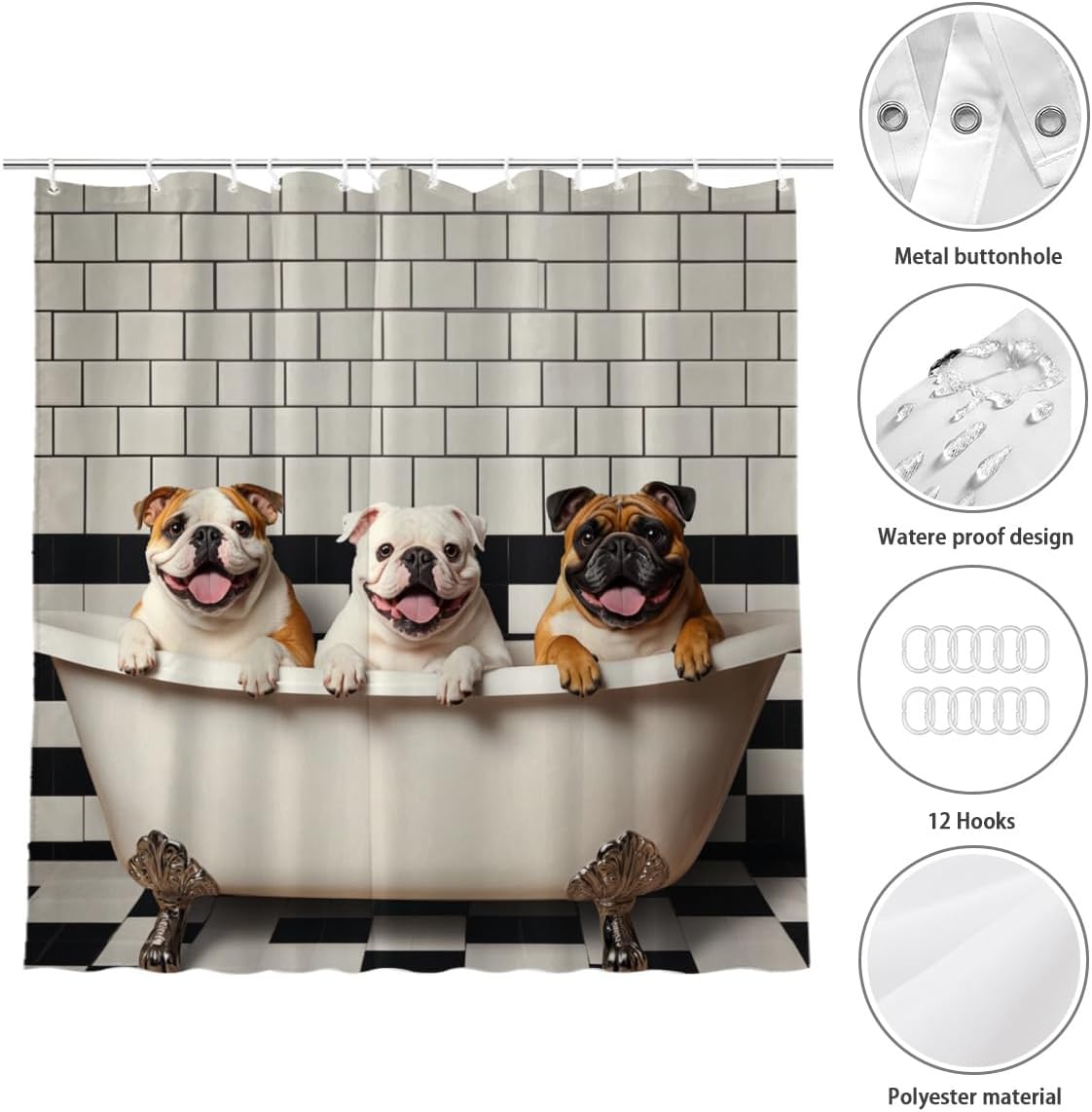 Bulldog Shower Curtain 72Wx72H Inch Bulldog Bathing in Bathtub Cute Animal Shower Curtain Bathroom Waterproof Bath Decoration