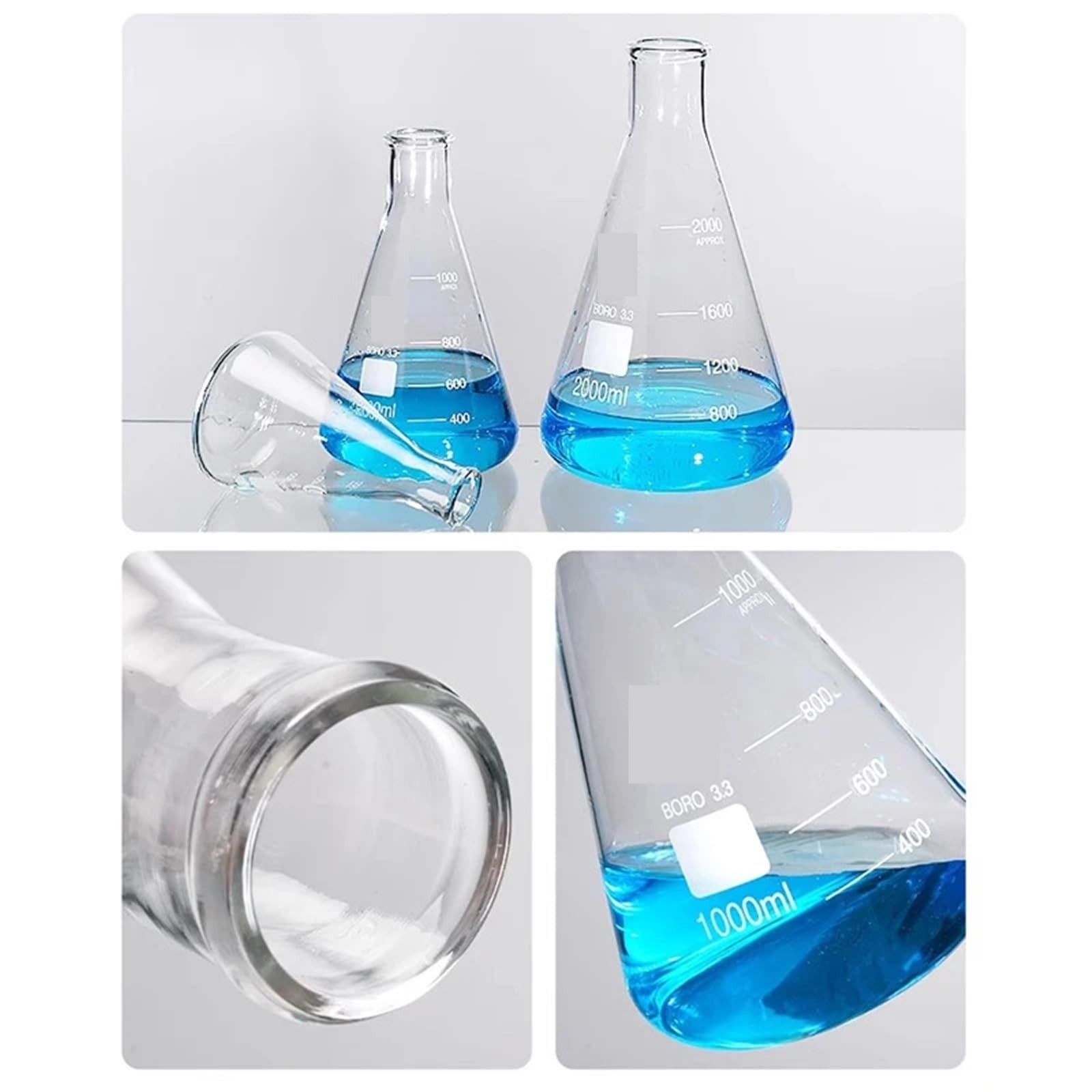 Matraz Erlenmeyer triangular de vidrio de borosilicato for laboratorio, matraz cónico, recipiente for experimentos químicos(1000ml)