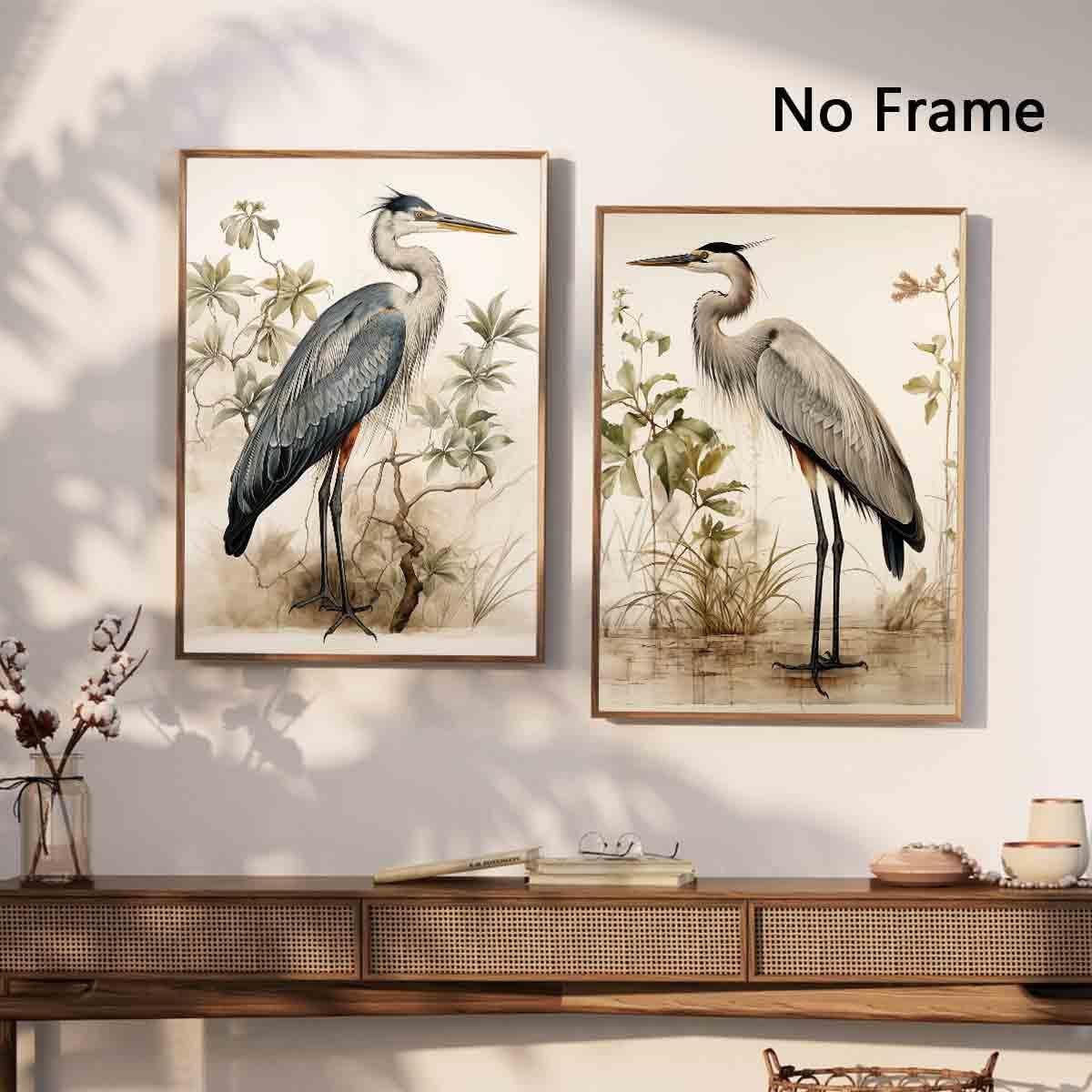 Mostemauo Grey Heron Bird Wall Art Canvas Print Poster, 16x24inchx2pcs No Frame
