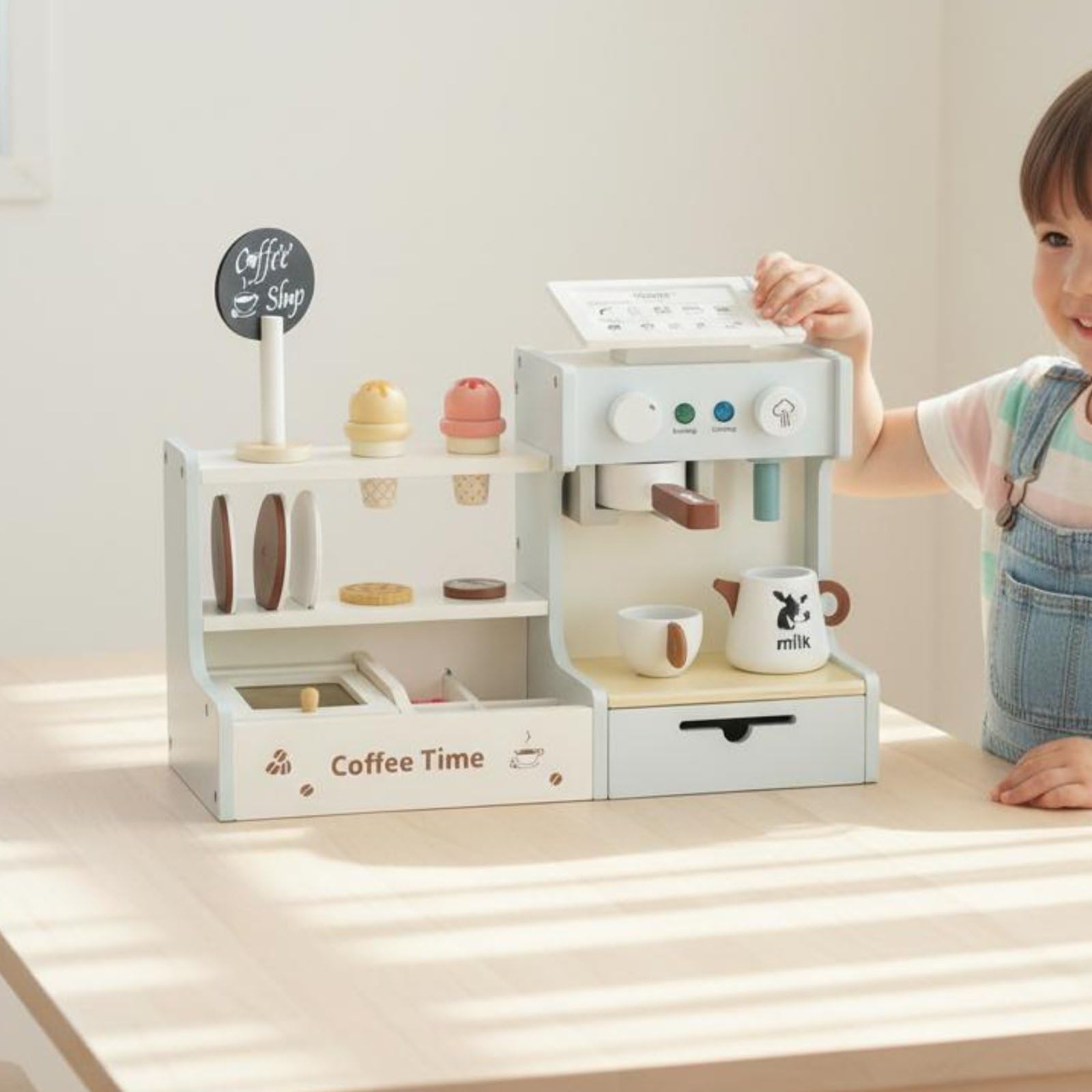 Harilla Set Caffetteria Giocattolo in Legno Macchina Caffè Accessori Servizio Carta Ordini Monete Finte Vernice a Base d'Acqua Adatto a Bambini Casa Scuola Apprendimento Creativo