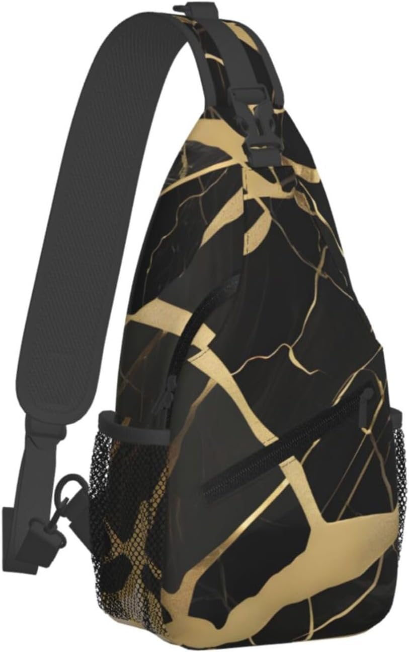 Durable Lightweight black marble texture gold Print Cross chest bag diagonally for Travel Commute Daily Use