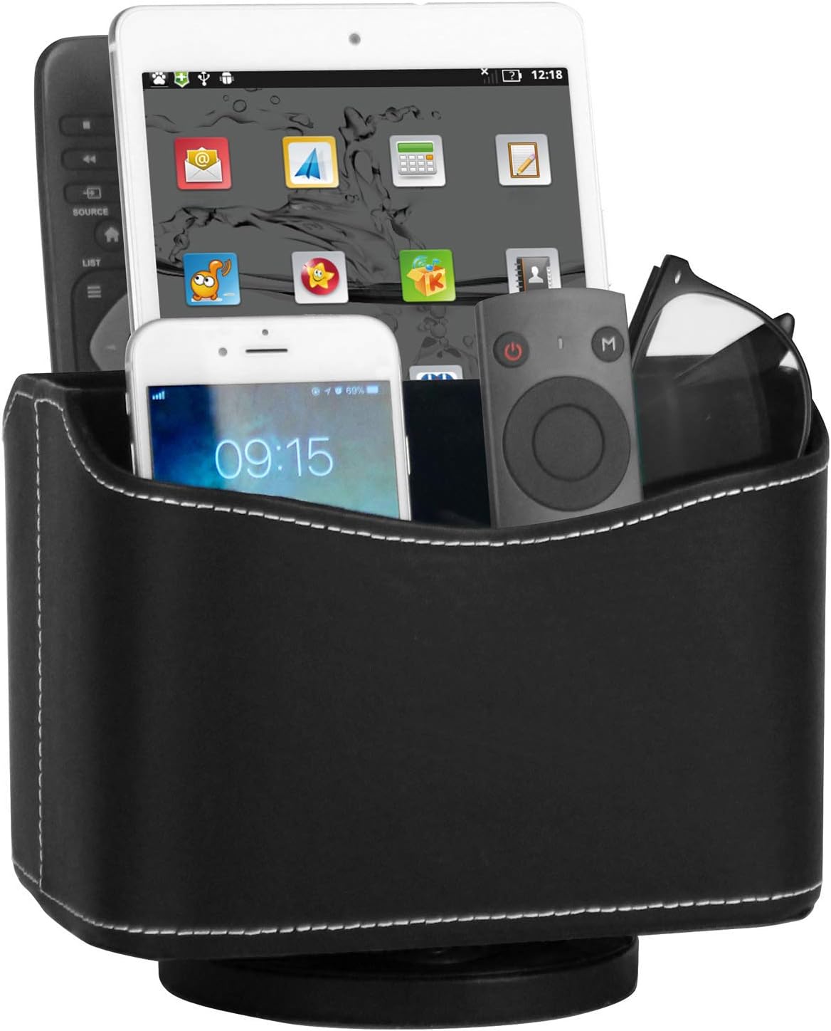 HofferRuffer Spinning Remote Control Holder, Remote Controller Holder, Remote Caddy, Media Storage Organizer, Spinning Remote Control Organizer, 7.3X 5.5 x 6 inches, Beautiful Black PU Leather