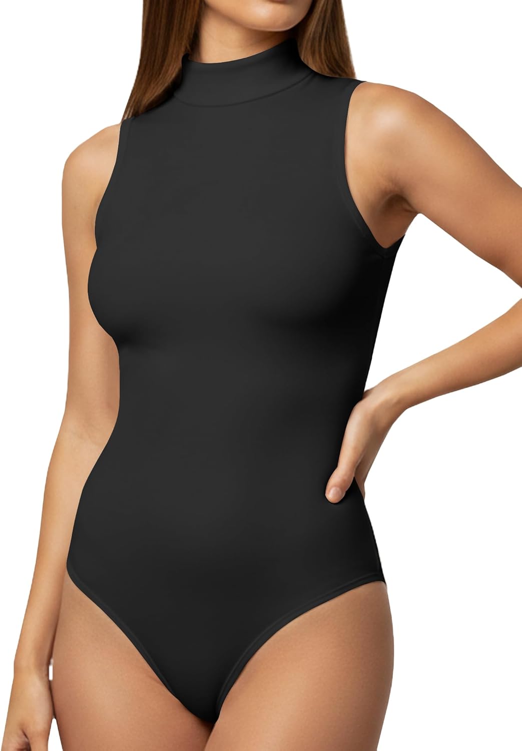 YOGINGO Women's Mock Turtleneck Bodysuits Sleeveless Body Suit Tank Tops High Neck Going Out Leotard for Women Trendy Fashion Outfits Slim Fit Casual Female One Piece Black L-1