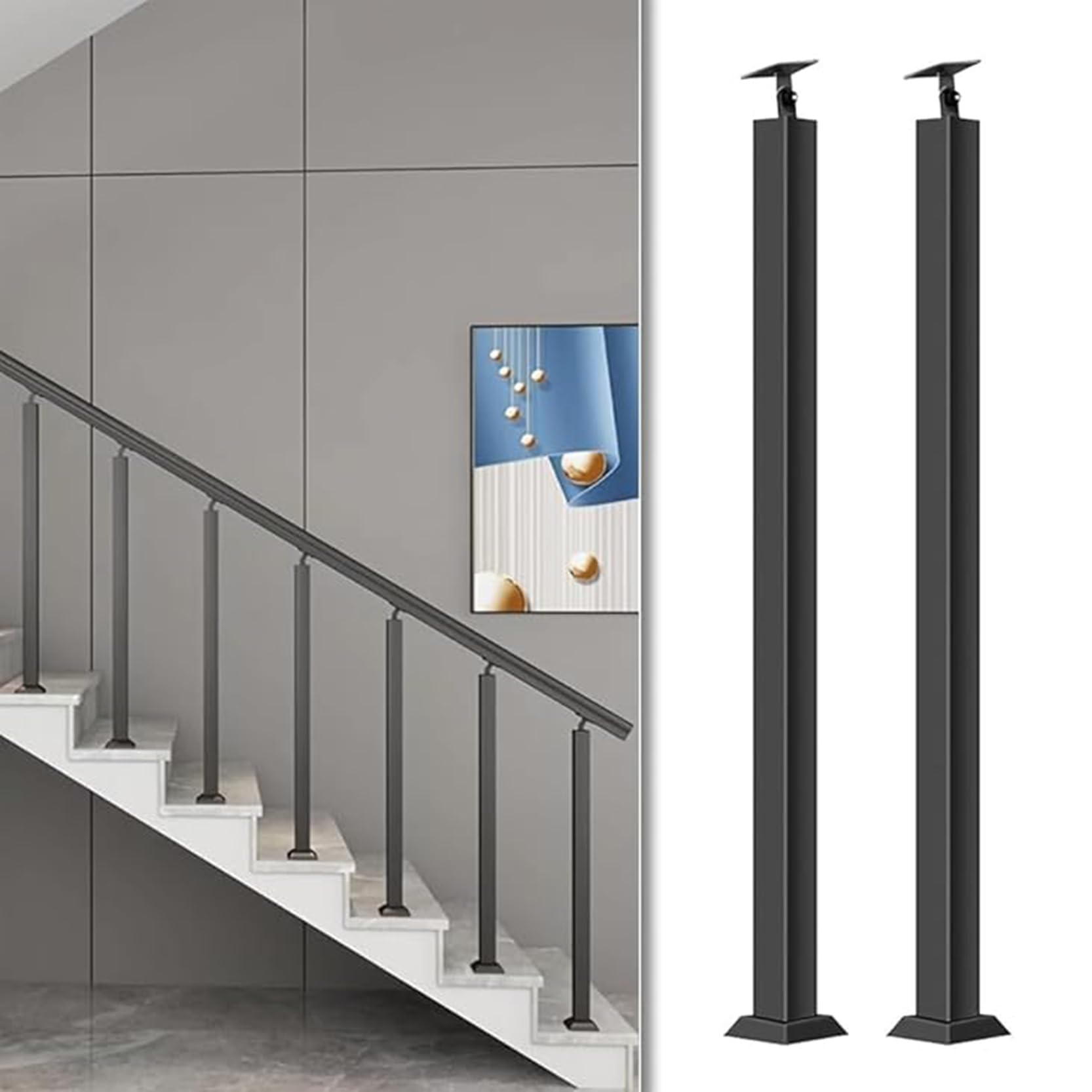 GOUZIBHD 270° Adjustable Square Baluster Posts,2 Pack Staircase Handrail Indoor Stair Railing Deck Balusters,Banister Column for Stairway Deck Yard Entryway(Size:90cm/35.4in,Color:Black)