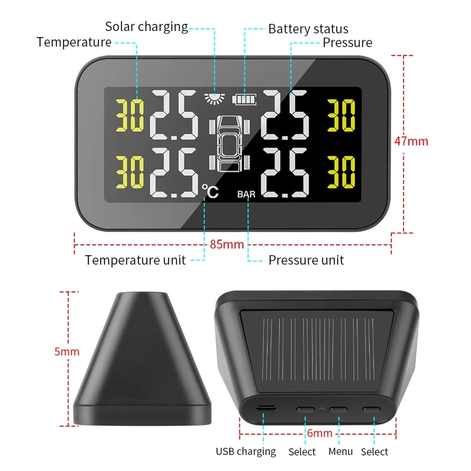 New Tire Monitoring System Temperature Warning Fuel Save Solar TPMS Car Tyre Monitor Air Gauge(Built-in sensor)