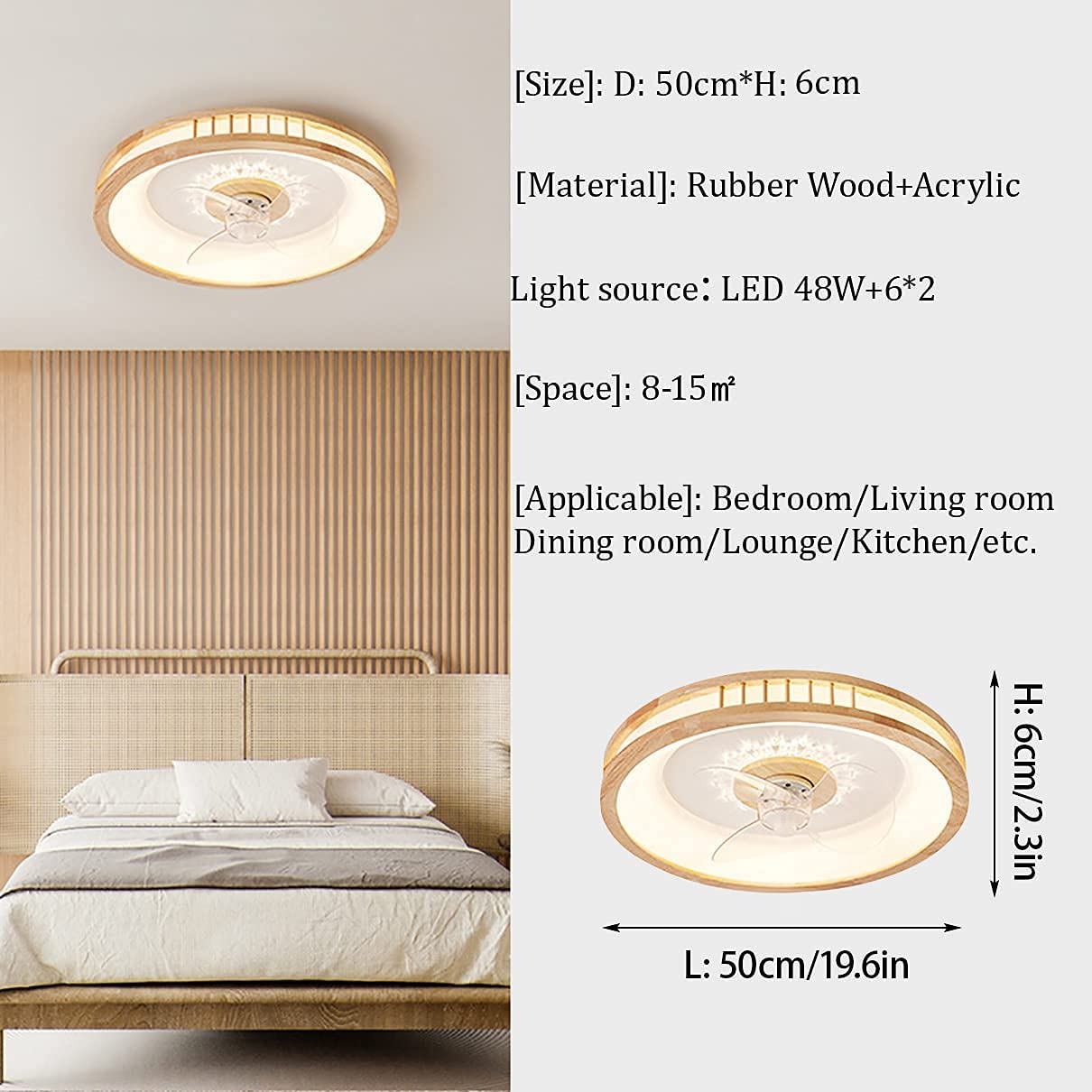 Lampy Ronde houten plafondventilatorlamp, 3 kleuren traploos dimmen LED-kroonluchter, inbouw-plafondventilator met laag profiel Meble