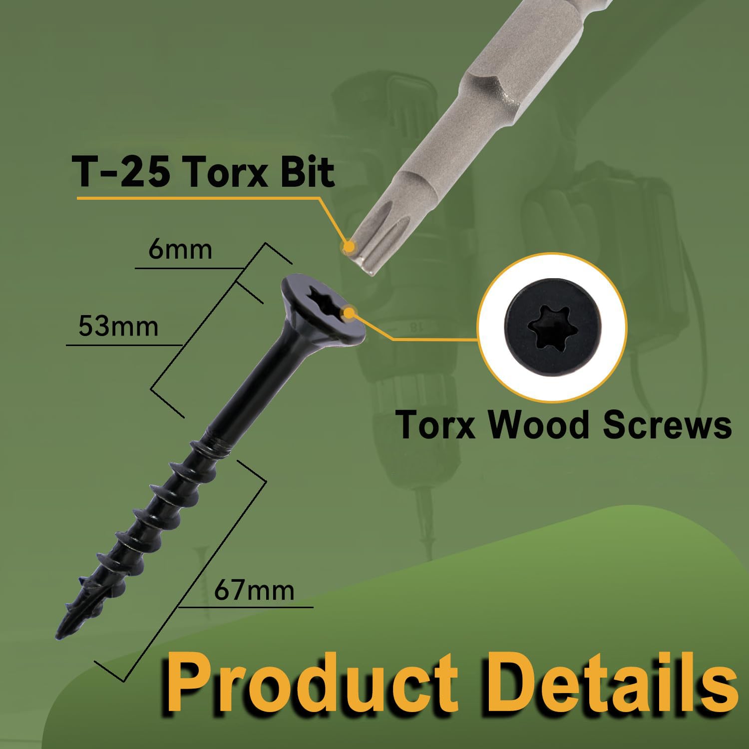 Wavanta 50Pcs Decking Screws, 4.8 x 125mm Black Wood Screws, Torx Drive Flat Head Screw, Rust Resistant Black Coated, with T25 Torx Bit - Image 2