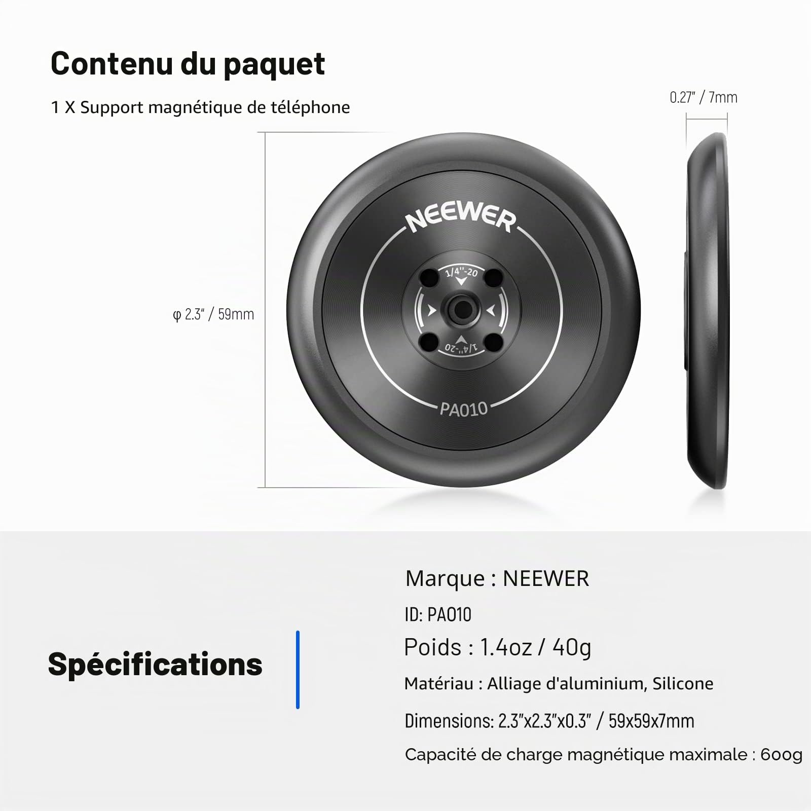 NEEWER Adaptateur trépied de téléphone magnétique avec Trous de 1/4" Compatible avec iPhone MagSafe Selfie Stick pour 15 Pro Max 15 Plus 14 13 12 Pro Max Mini, PA010
