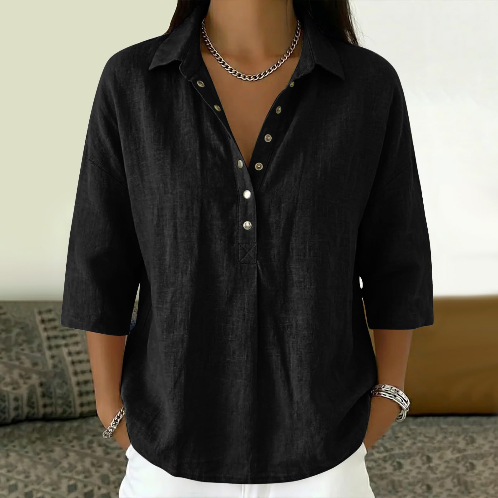 Donna Manica 3/4 Lino T Shirt V Button Down Tinta Unita Polo Camicia Elegante Blusa Top Lavoro Casual Basic Tunica Estiva Spiaggia vacanze Oversize T Shirt 2026 Comoda e Traspirante Classico Maglietta
