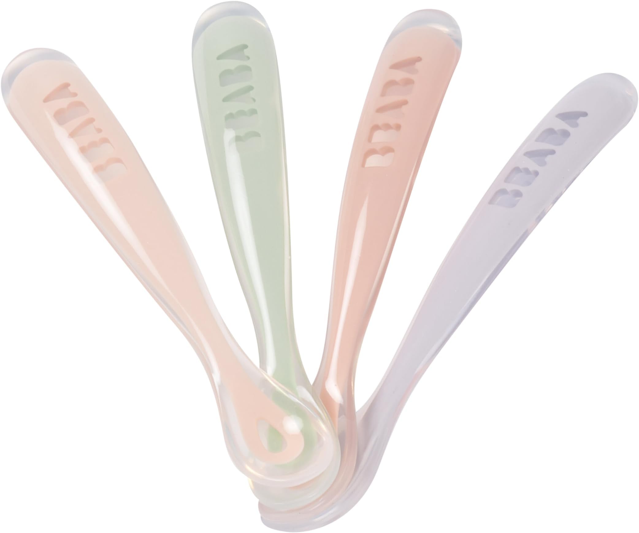 BEABA First Stage Baby Feeding Spoon Set, The Original Soft Tip Silicone Spoons for Babies, Gum Friendly BPA Lead Phthalate and Plastic Free, Great Gift Set (4 Pack), Rose