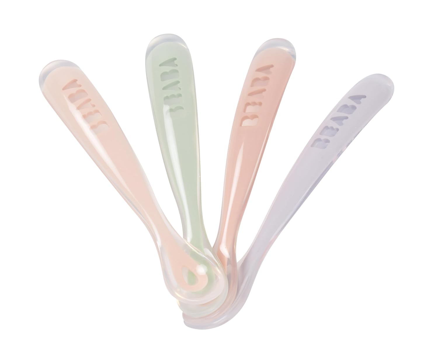 BEABA Baby's First Foods Spoon Set, Original Silicone Baby Spoons, 4 Pack, BPA Lead & Phthalate Free, Pink