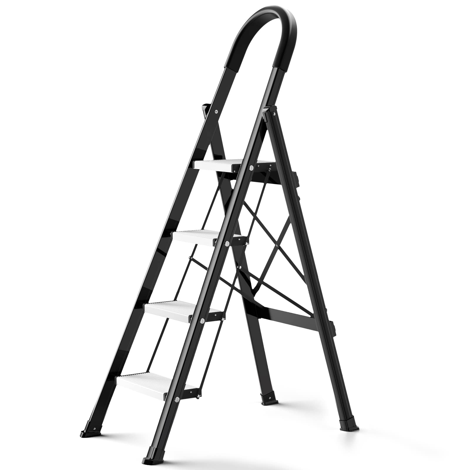 4 Step Ladder with Handgrip, Folding Step Stool Lightweight Aluminum Stepladders with Anti-Slip Sturdy Wide Pedal, 330lbs Capacity Portable Step Stool, for Home,Office,Kitchen (Black)