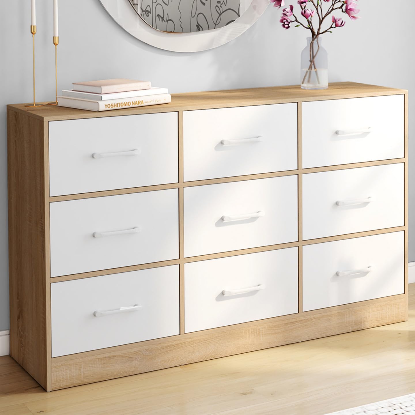 IDMarket - Commode 9 tiroirs en Tissu UPPAH 113 cm Meuble de Rangement Bois façon hêtre et Blanc