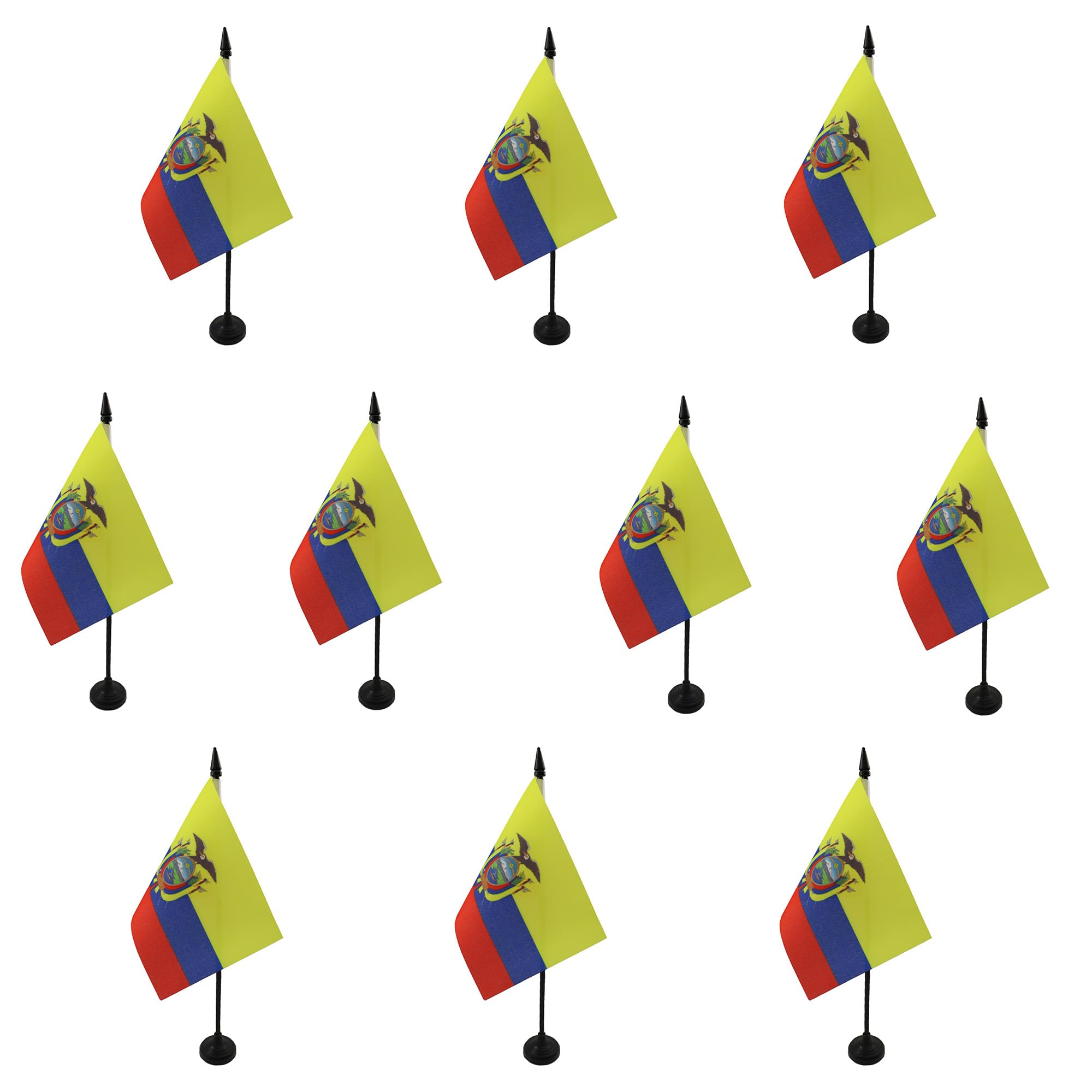 AZ FLAG - Set of 10 Ecuador Table Flag 4'' x 6'' - 10 Small Ecuadorian Office Flags 100% Polyester 15 x 10 cm - Mini Desk Flag with 10'' Pole and Black Plastic Base