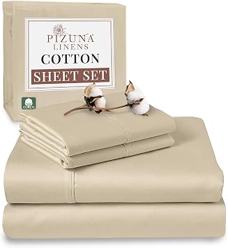 Pizuna Pure 100% Cotton Sheets Full Size, Luxurious 400 Thread Count Long Staple Cotton Sateen Full Sheets Set with 15" Deep Pocket Combed Beige Cotton Sheet Set