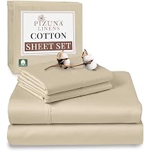 Pizuna Pure 100% Cotton Sheets Full Size, Luxurious 400 Thread Count Long Staple Cotton Sateen Full Sheets Set with 15" Deep Pocket Combed Beige Cotton Sheet Set