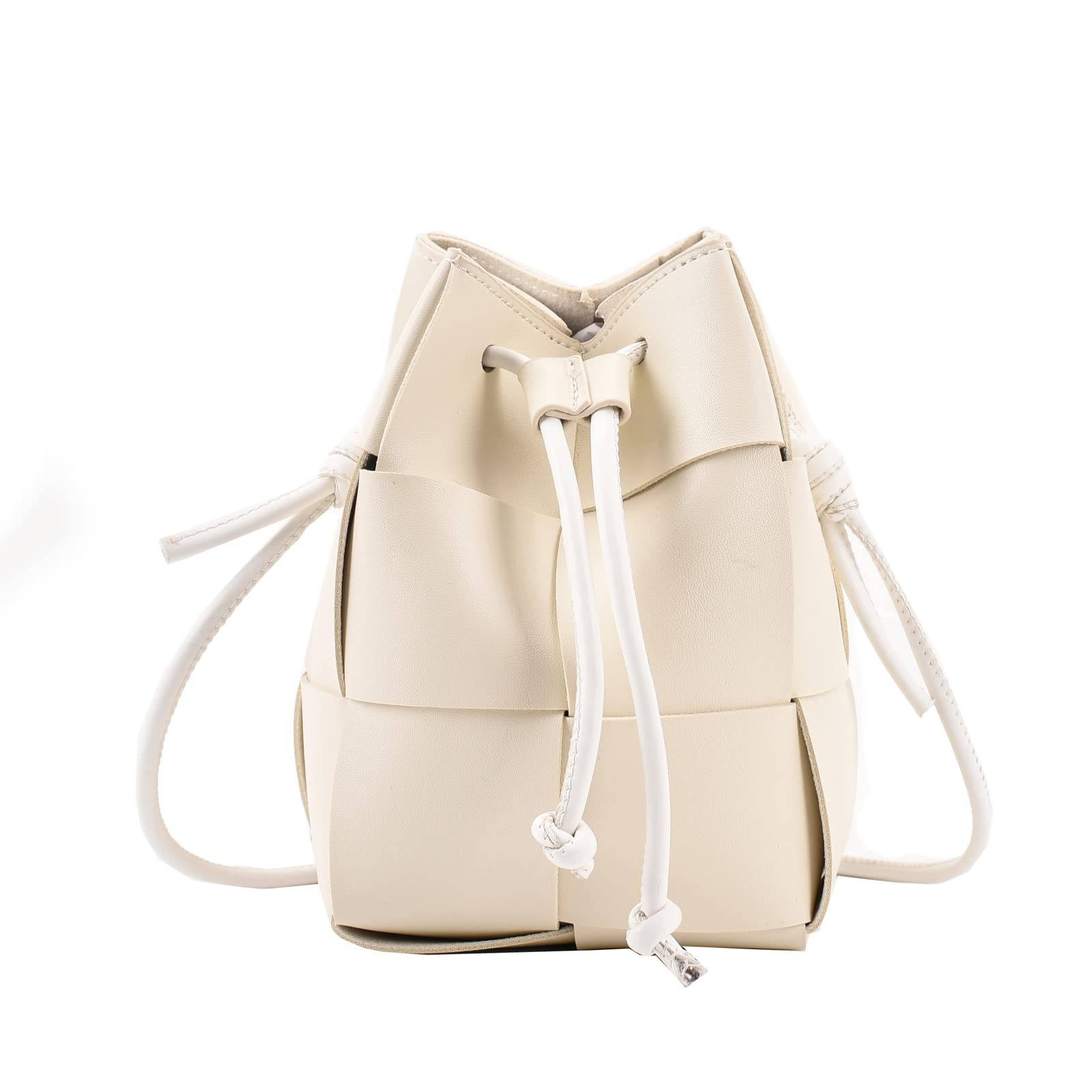 mothgelWomen's Woven Bucket Bag Crossbody Handbag PU Square Lattice Drawstring Leather Small Shoulder Bags Clutch Purse