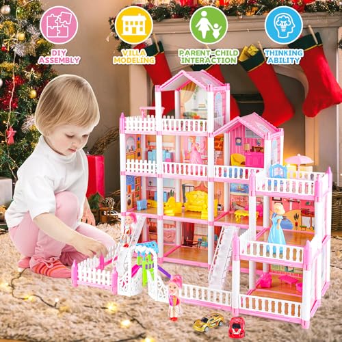 deAO 4-Story Dollhouse for Girls with 14 Rooms Kids Play Doll House Playset with 4 Dolls, Furniture & Accessories, Princess Castle Dollhouse Toy for 3 4 5 6 7 8 Kids Girls Toys