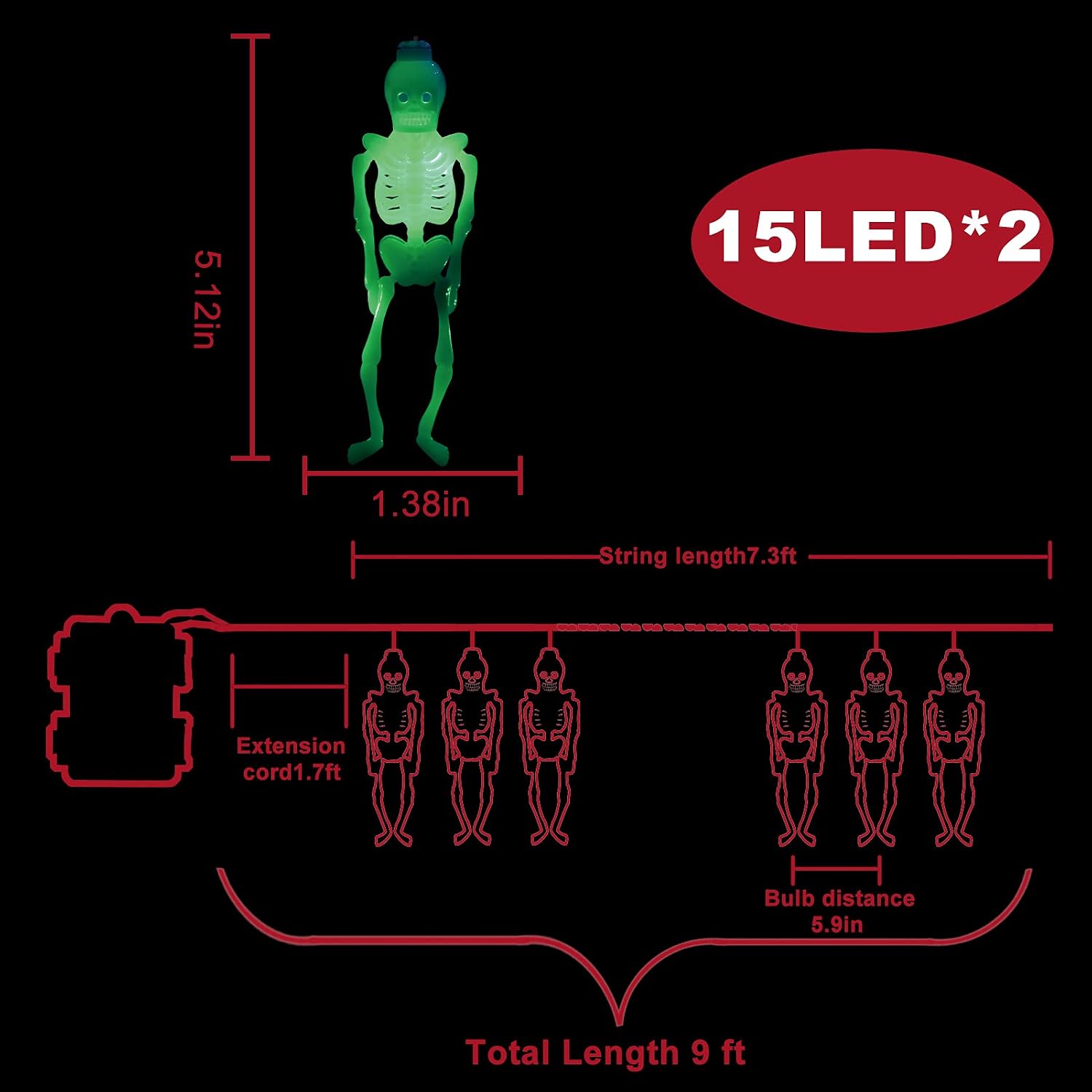 Halloween Skeleton Decoration String Lights 2 Packs of 30 LED Outdoor and Indoor with Remote Control Waterproof Battery Operated, Used in Haunted Houses Party to Create a Halloween Horror Atmosphere