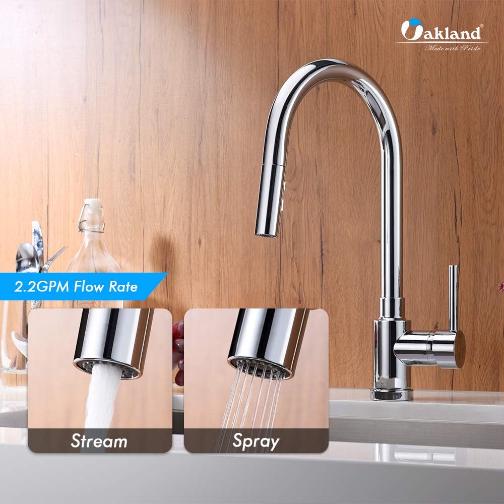 Get Cheap Price Brushed Nickel Kitchen Faucet with Pull Down Sprayer, Oakland Brass Kitchen Sink Faucet 1 Hole High Arc Pull Out Kitchen Faucet with 2 Function Spray Head 2.2GPM, KSK1120