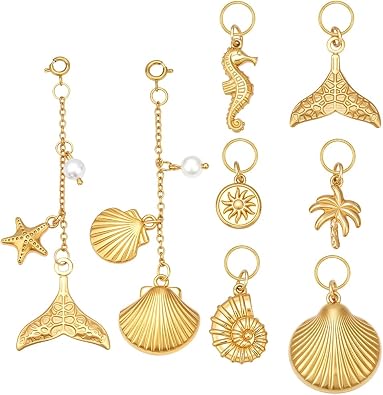 8pcs Bikini Charms 18K Gold Plated Stainless Steel Swimwear Accessories Waterproof Cute Fashion Beach Jewelry Beach Themed Bag Charm for Swimsuits Shell Conch Palm Tree Sun Mermaid Tail