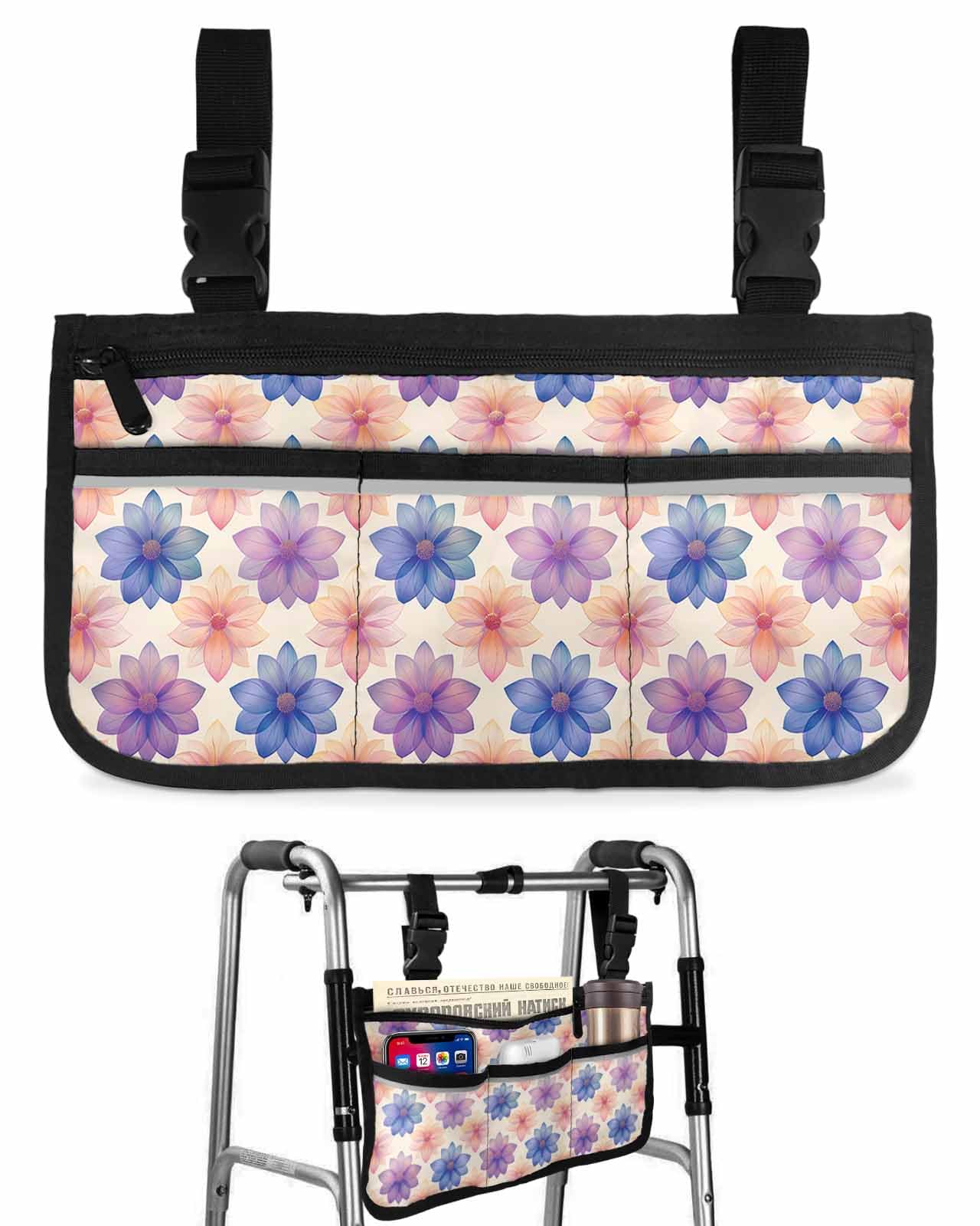 Anzona Pink Purple Blue Flowers Wheelchair Side Bag Walker Bag, Rustic Floral Botanical Wheelchair Accessories Armrest Pouch, Organizer Storage Bag for Walkers, Rollators, Scooters, 7.3''x13''