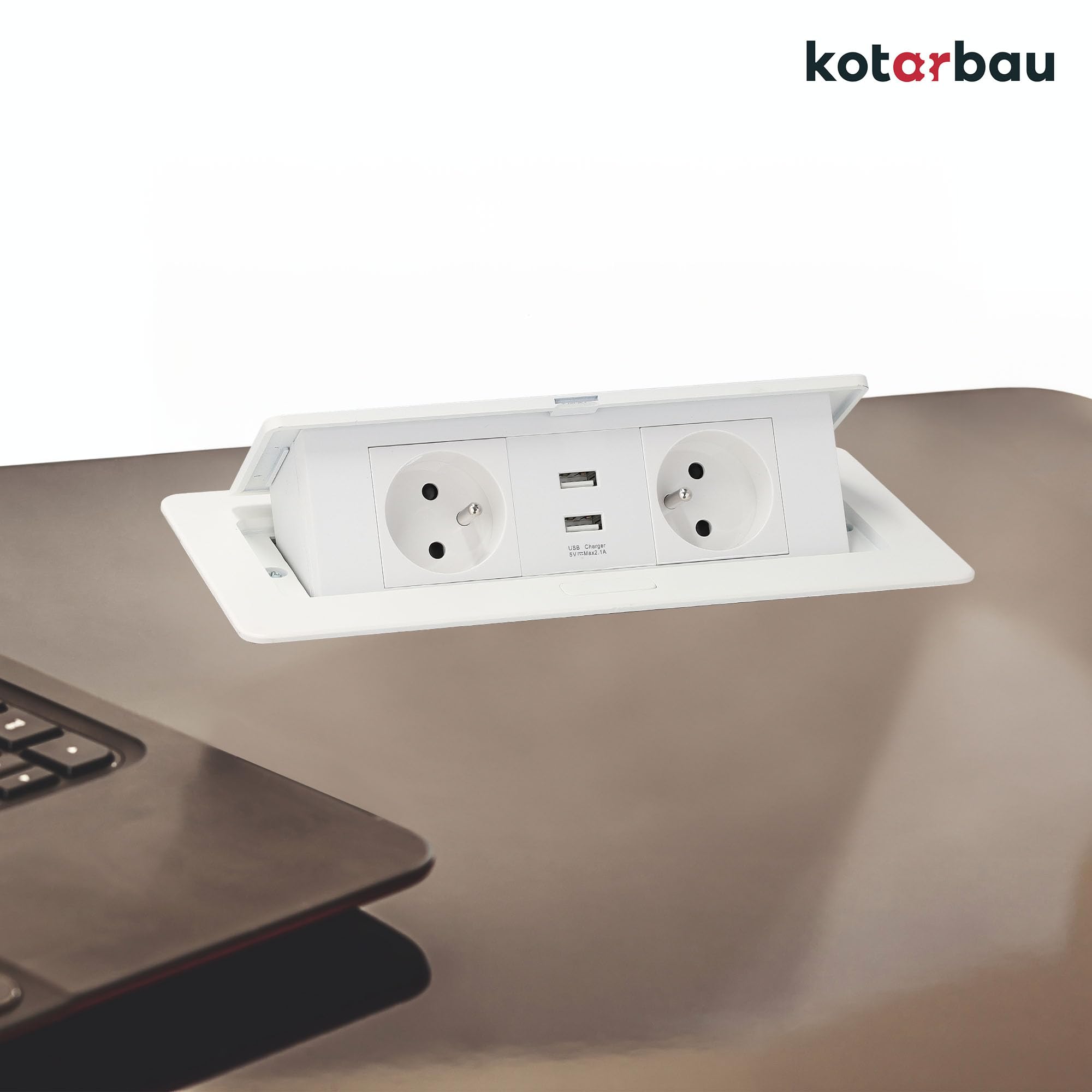 KOTARBAU® - Ciabatta elettrica a 2 prese, con porte USB, in alluminio, colore bianco