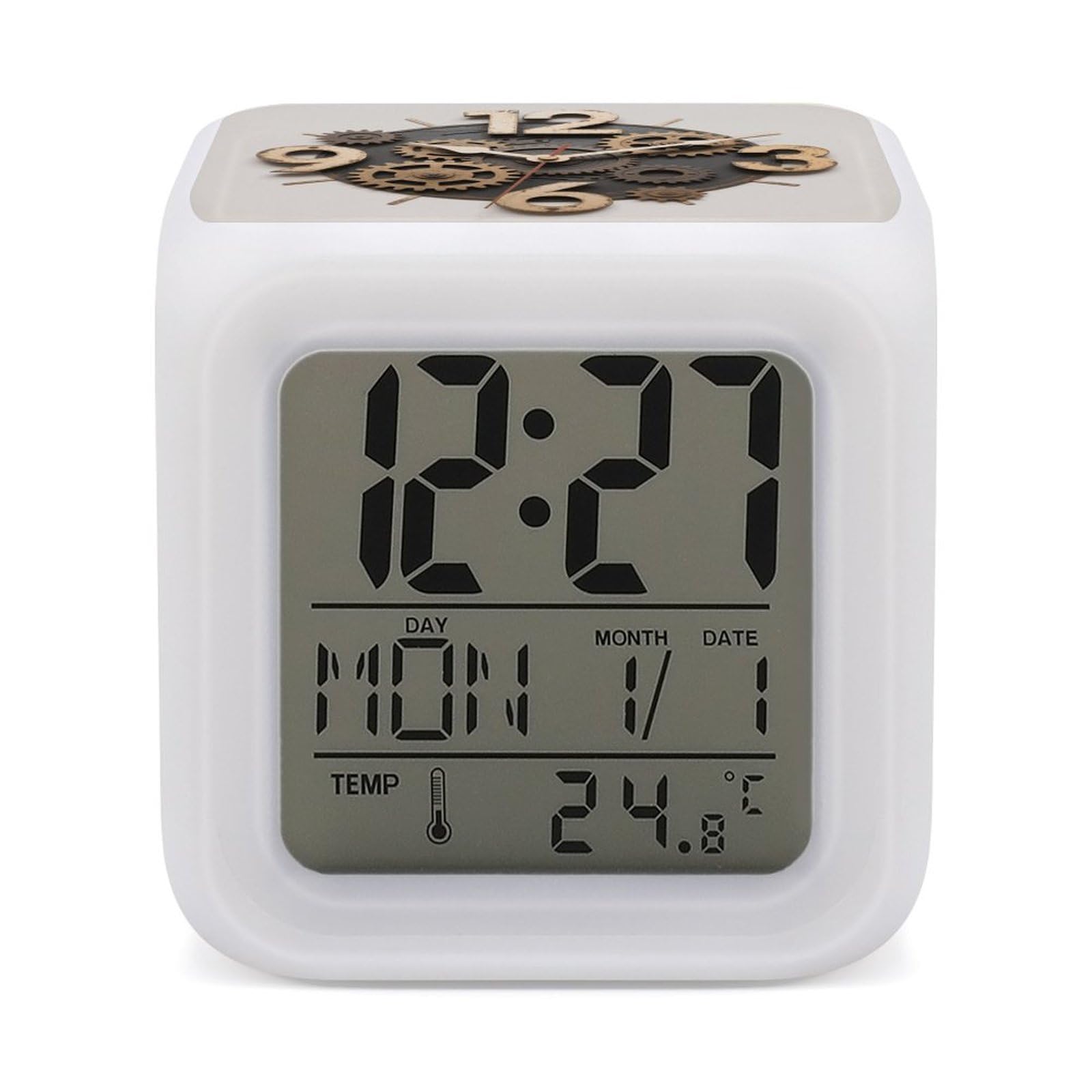 FodPand 7 Color Ambient Night Light Cube Battery Operated Gear Clock Digital Clock with Snooze Temperature LED Digital Alarm Clocks Dimmable Wake Up Light Portable Mood Lamp for Bedroom Desk Gift