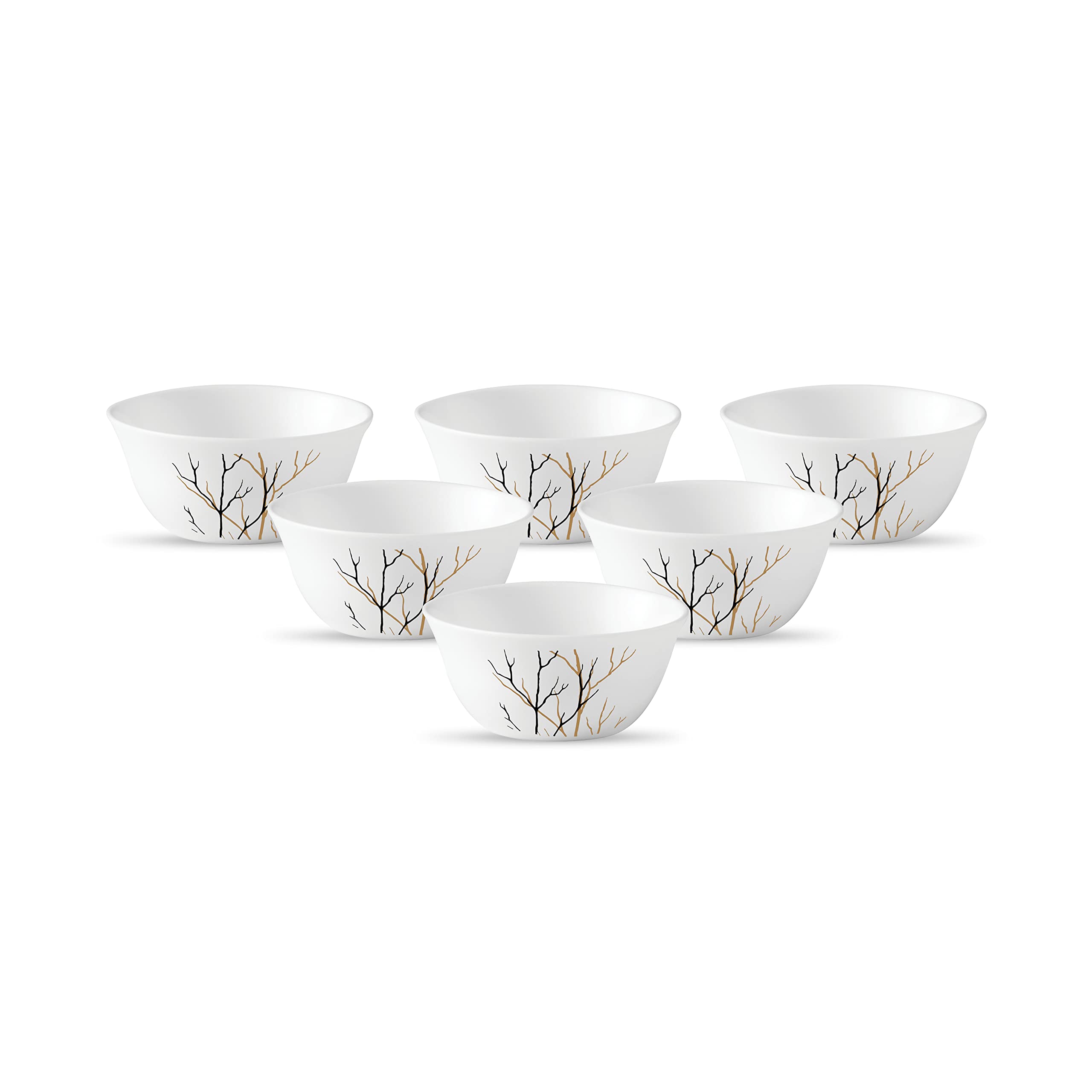 La Opala Diva Ivory Collection Opal Glass Crockery | Vegetable Bowl 180 ml Set of 6 | Golden Fall Design | for dal & Condiments | Microwave Safe | 100% Vegetarian | Extra Strong | Light & White