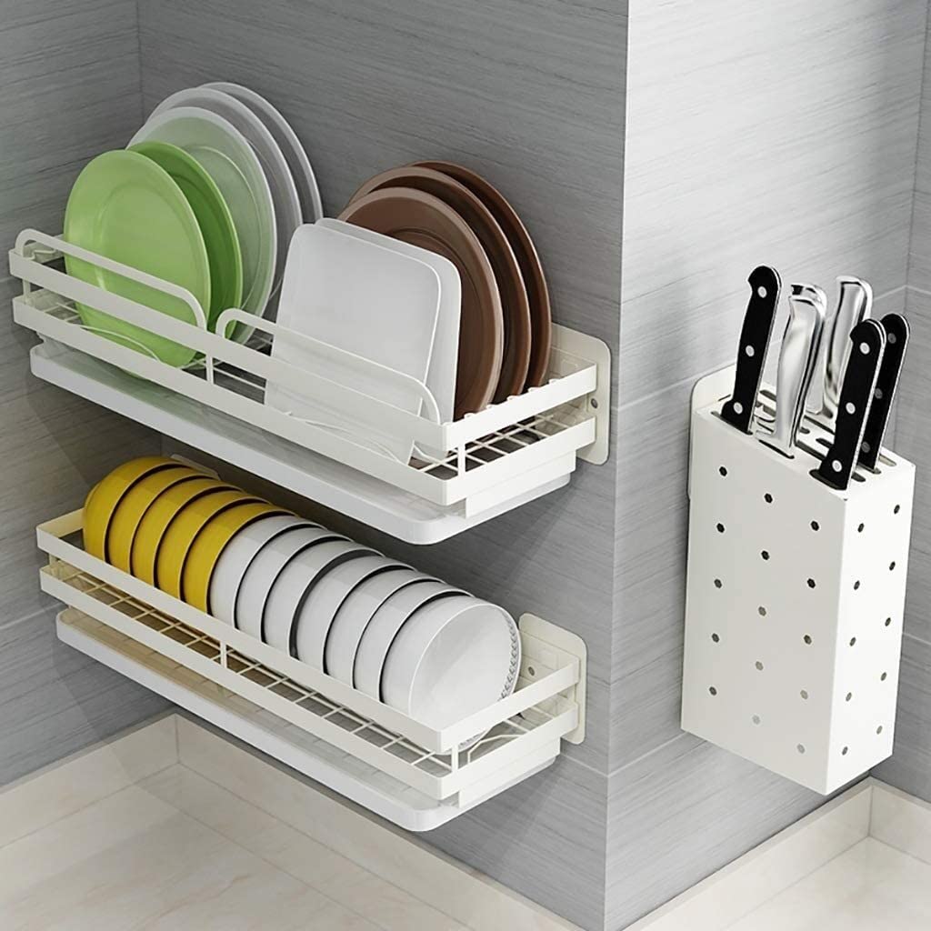 Escurreplatos de pared con bandeja extraíble, estante de secado de cocina de acero inoxidable, incluye soporte para tabla de cortar, organizador que ahorra espacio para platos y sils.