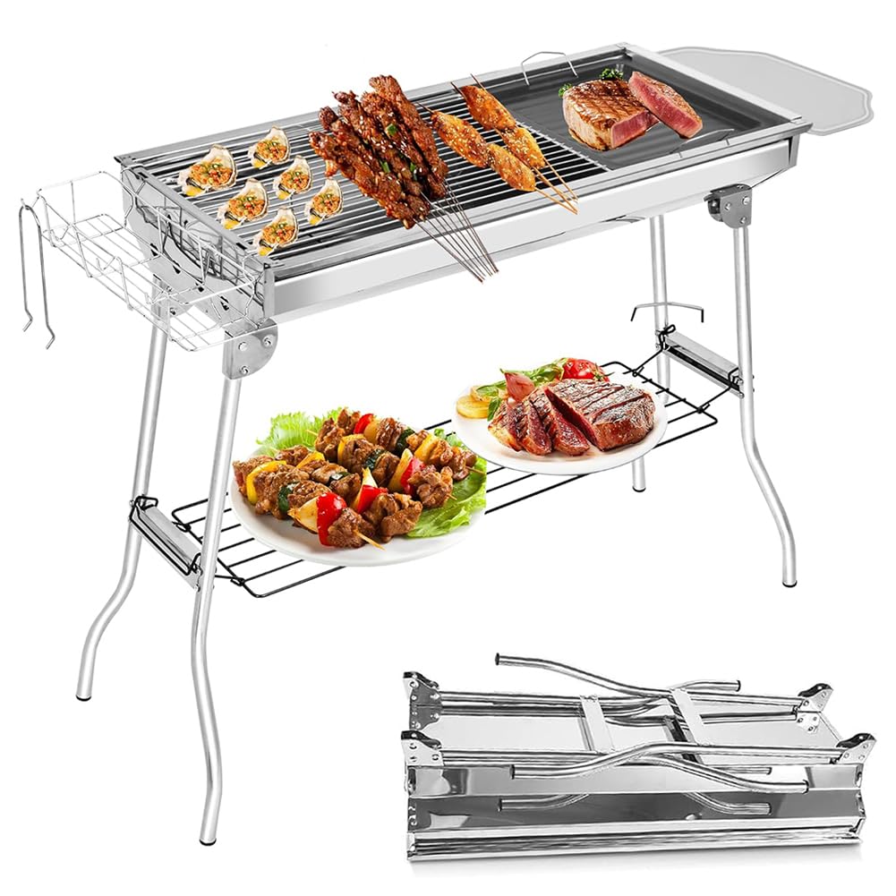 Pobbycrafm Grille na Węgiel Drzewny Przenośne, Składane Grille na Węgiel Drzewny ze Stali Nierdzewnej ze Stojakami Bocznymi i Stojakami do Przechowywania na Piknik, Kemping i Podwórko