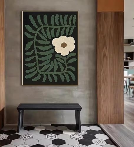 Green Minimalist Wall Art,green White Textured Wall Art,wabi-sabi Painting on Canvas,abstract White Floral Home Decor(60x80cm/Frameless)