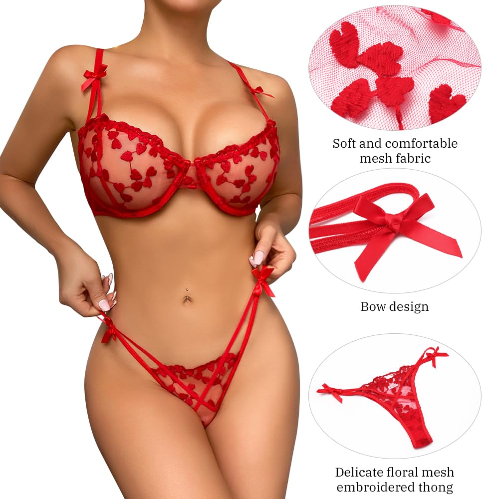 Conjunto de lencería Sexy de 2 Piezas para Mujer con Bordado Floral de corazón, Sujetador con Aros de Media Copa y Tanga, Sujetador Transparente de Malla para Mujer, Tanga a Juego, Bragas, Conjuntos