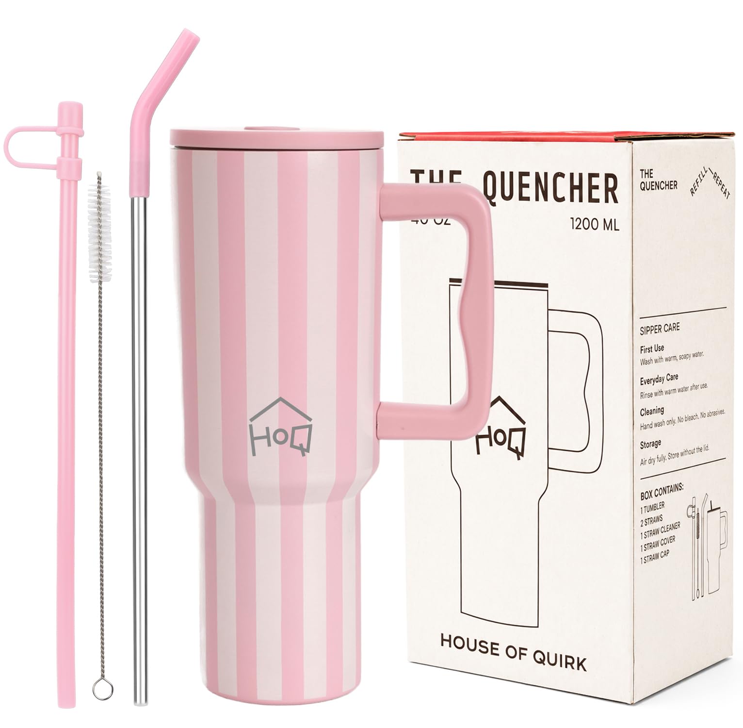 House of Quirk 1200ML Stainless Steel Tumbler with Handle & Lid, 2 Straws – Large Travel Mug Water Cup for Gym, Office & Outdoor Use (Rose Stripe)