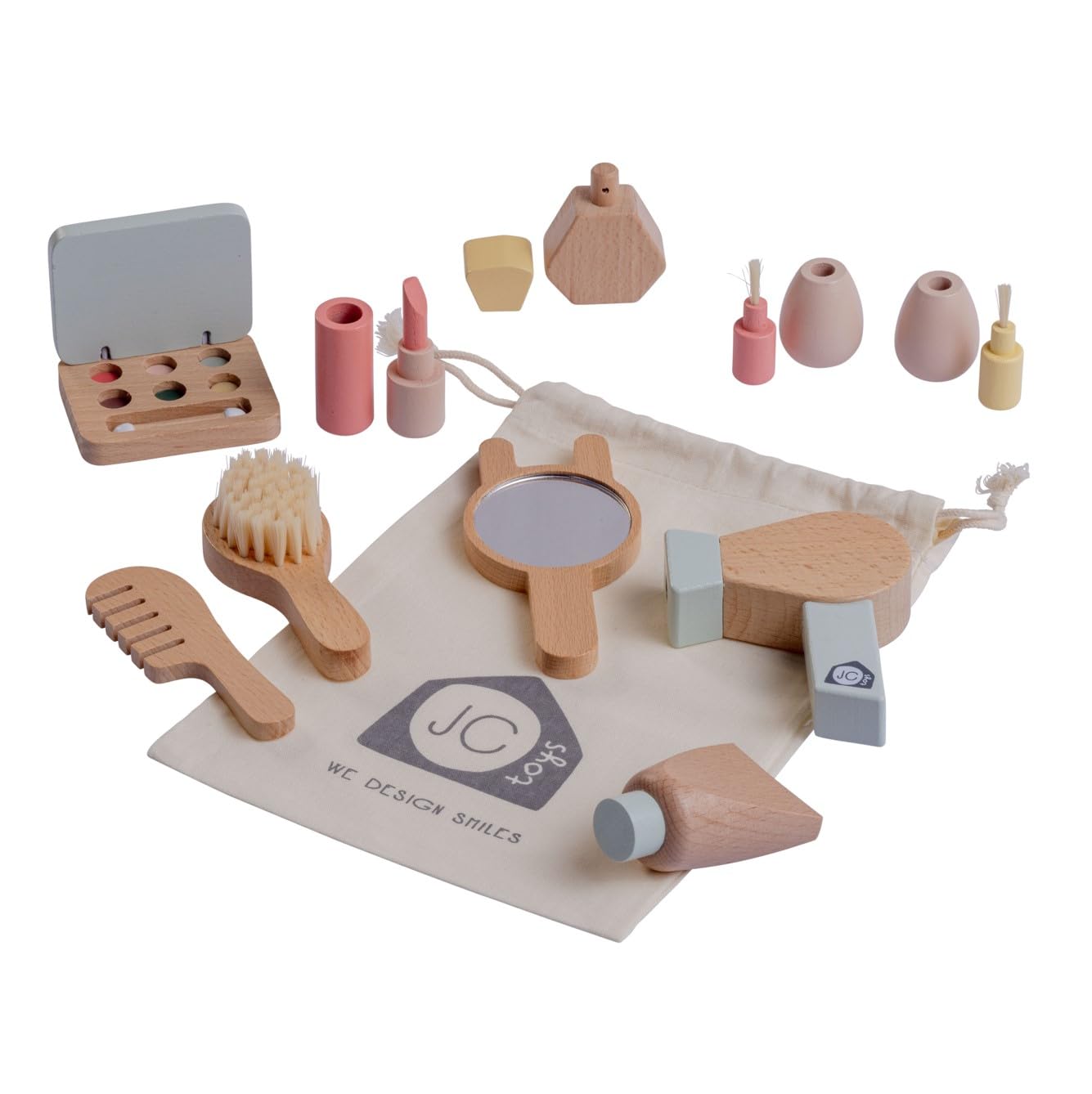 JC TOYS - Set di trucco per bambini, 10 pezzi, set di legno, accessori per il trucco per le ragazze, giochi di simulazione, include borsa per riporre, ideale come regalo, + 3 anni
