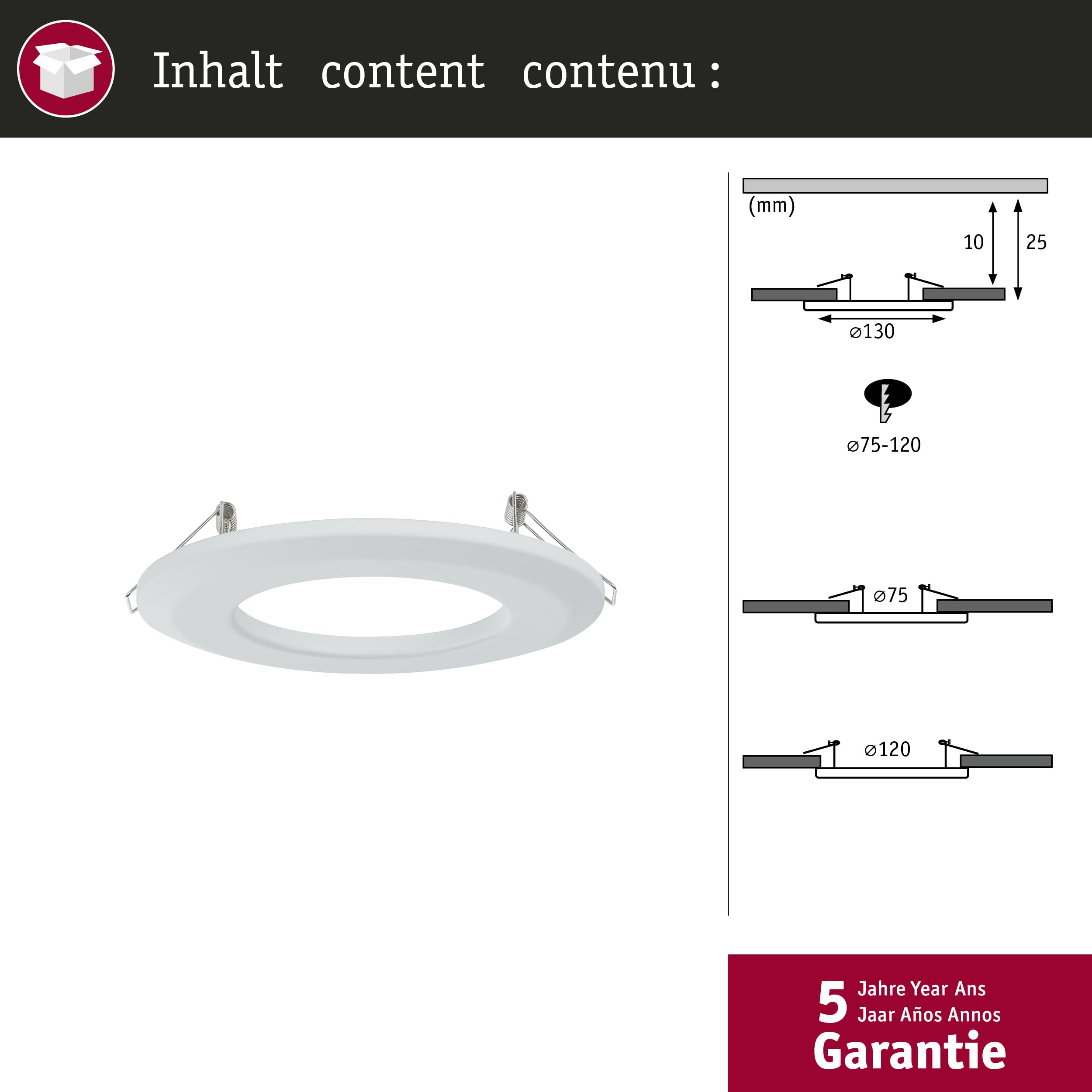 Paulmann 92499 - Adaptador de montaje para reductor de agujeros de lata de 75-120 mm a 68-70 mm, 130 mm, color blanco mate redondo