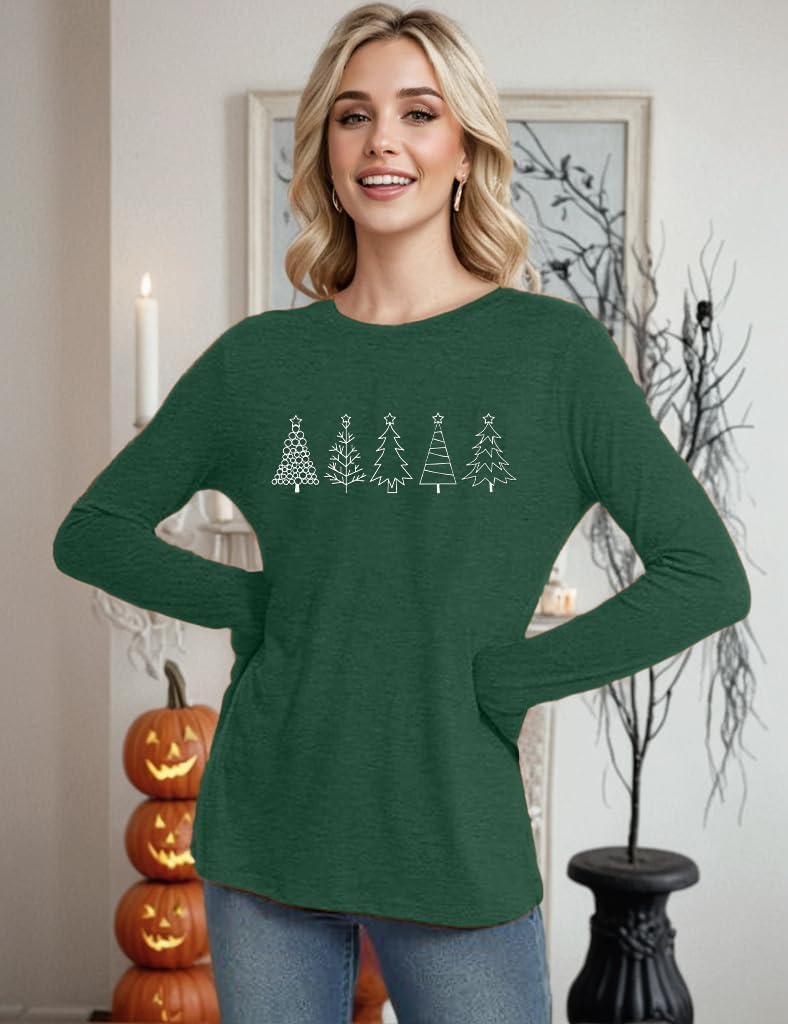 Christmas Tree Shirt Women Christmas Embroidered Trees Long Sleeve Shirts Gift Xmas Graphic Tee Tops - Image 2