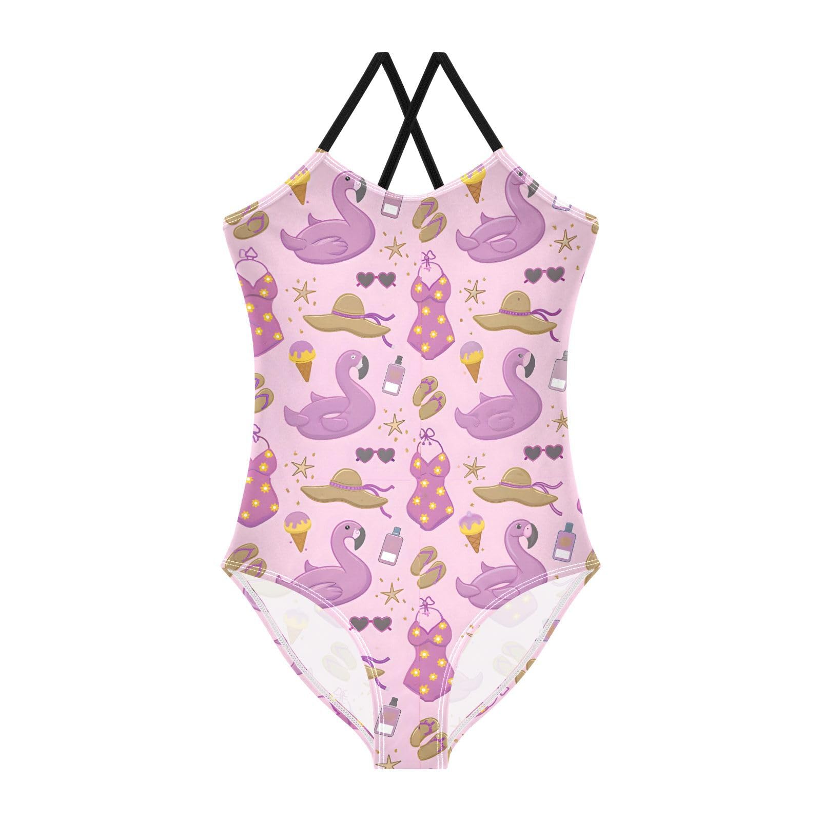 Flamingo Swim Ring Girls Swimsuits Quick Dry Crossback One Piece Beach Swimwear Bathing Suit, 3T